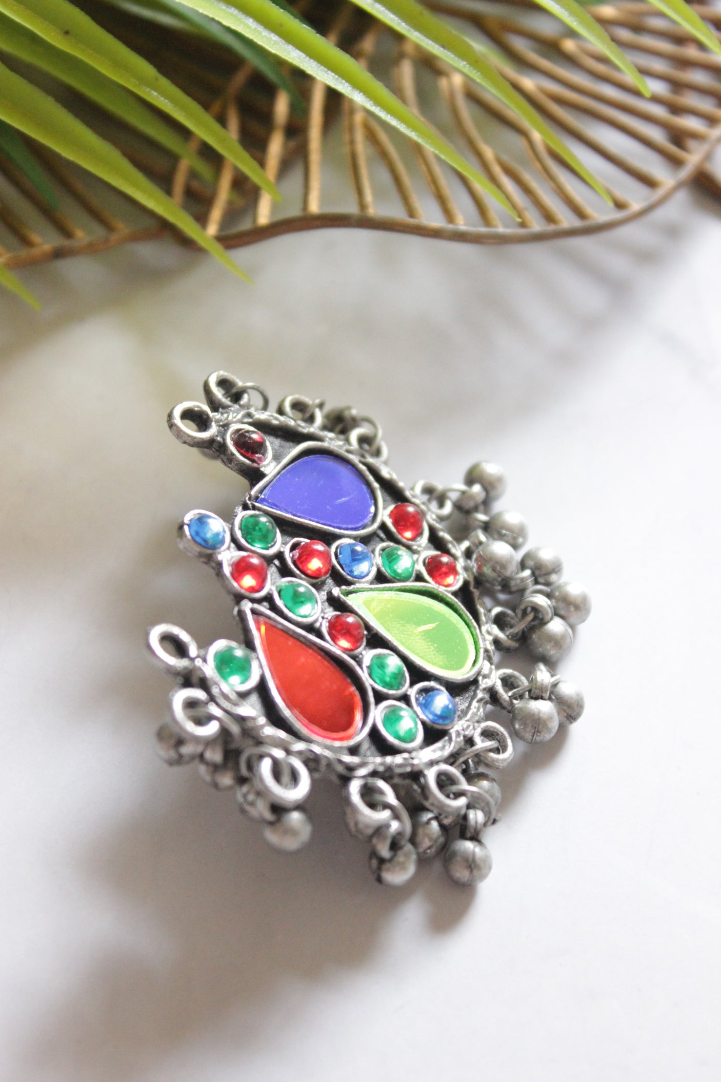 Multi-Color Glass Stones Embedded Oxidised Finish Adjustable Afghani Ring