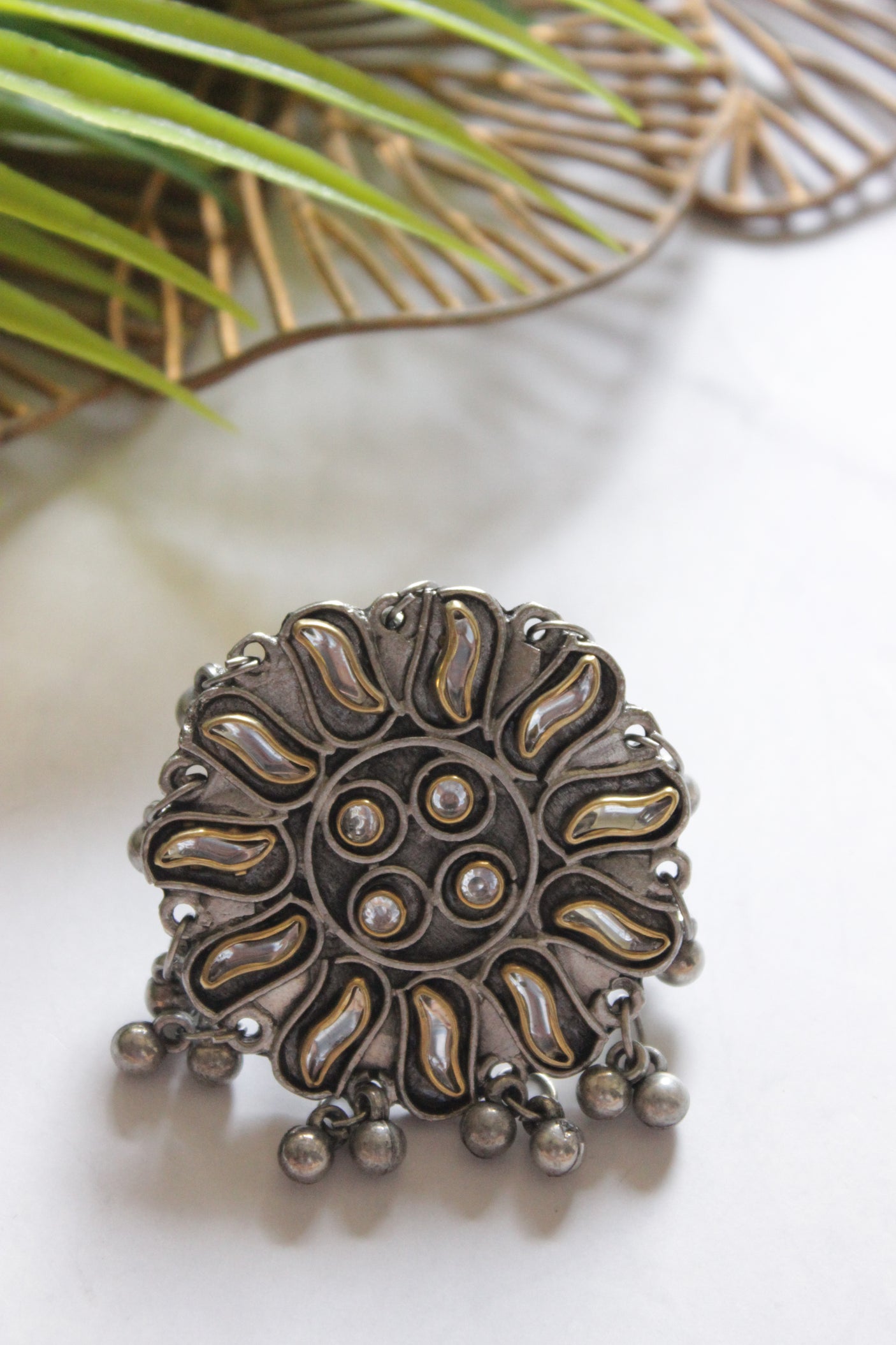 Dual Tone Oxidised Finish Glass Embedded Adjustable Ring