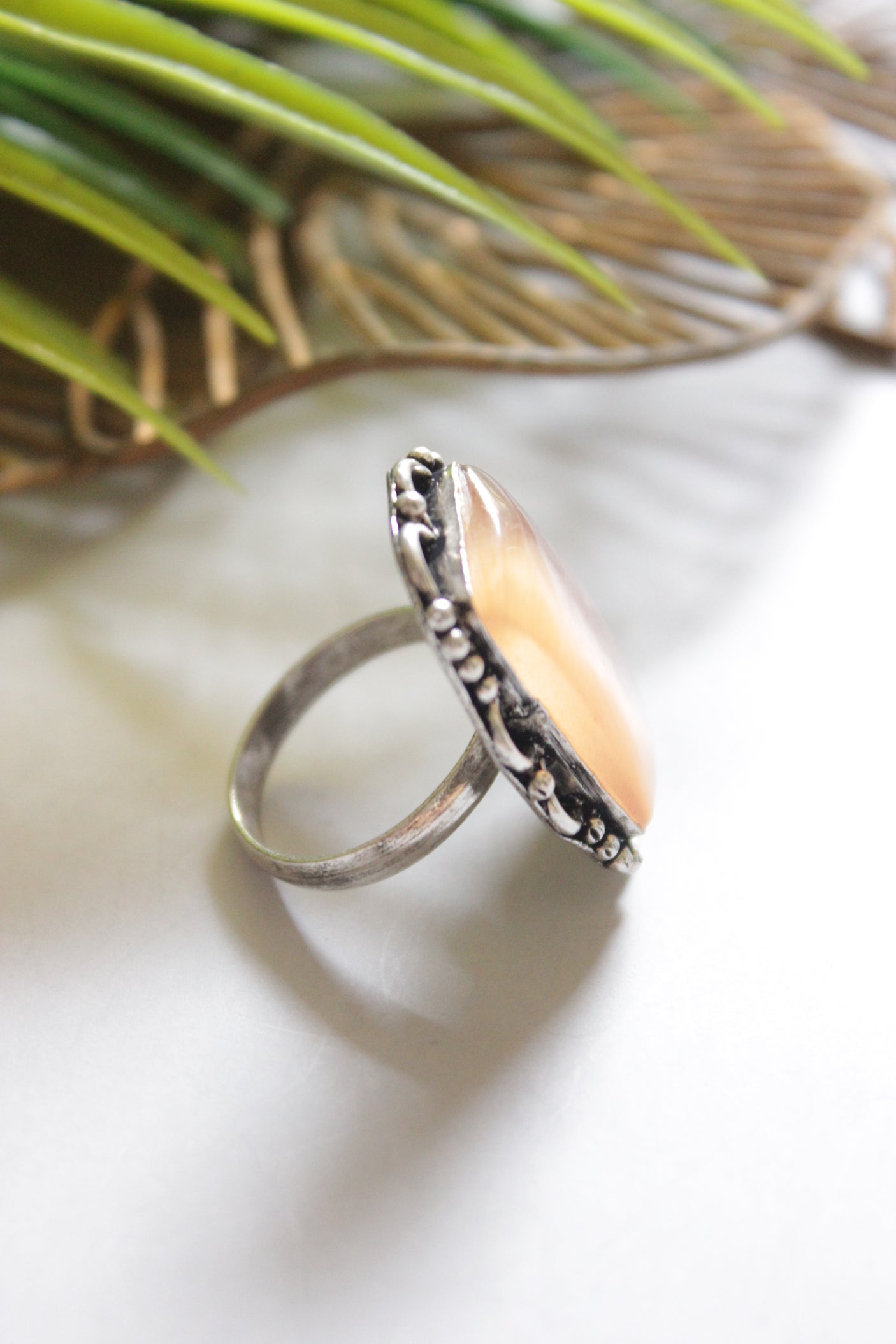 Peach Natural Gemstone Embedded Silver Finish Adjustable Ring