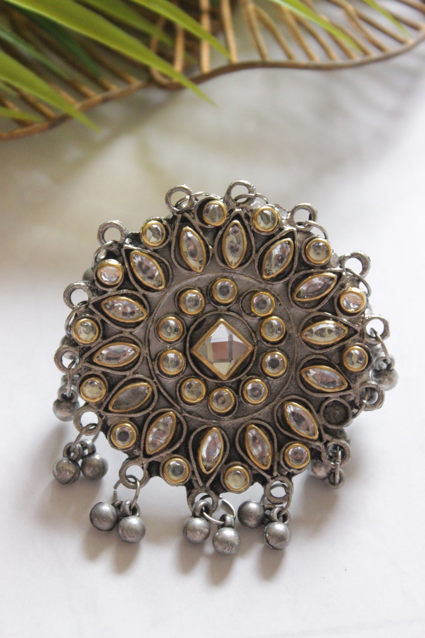 Dual Tone Oxidised Finish Glass Embedded Adjustable Cocktail Ring