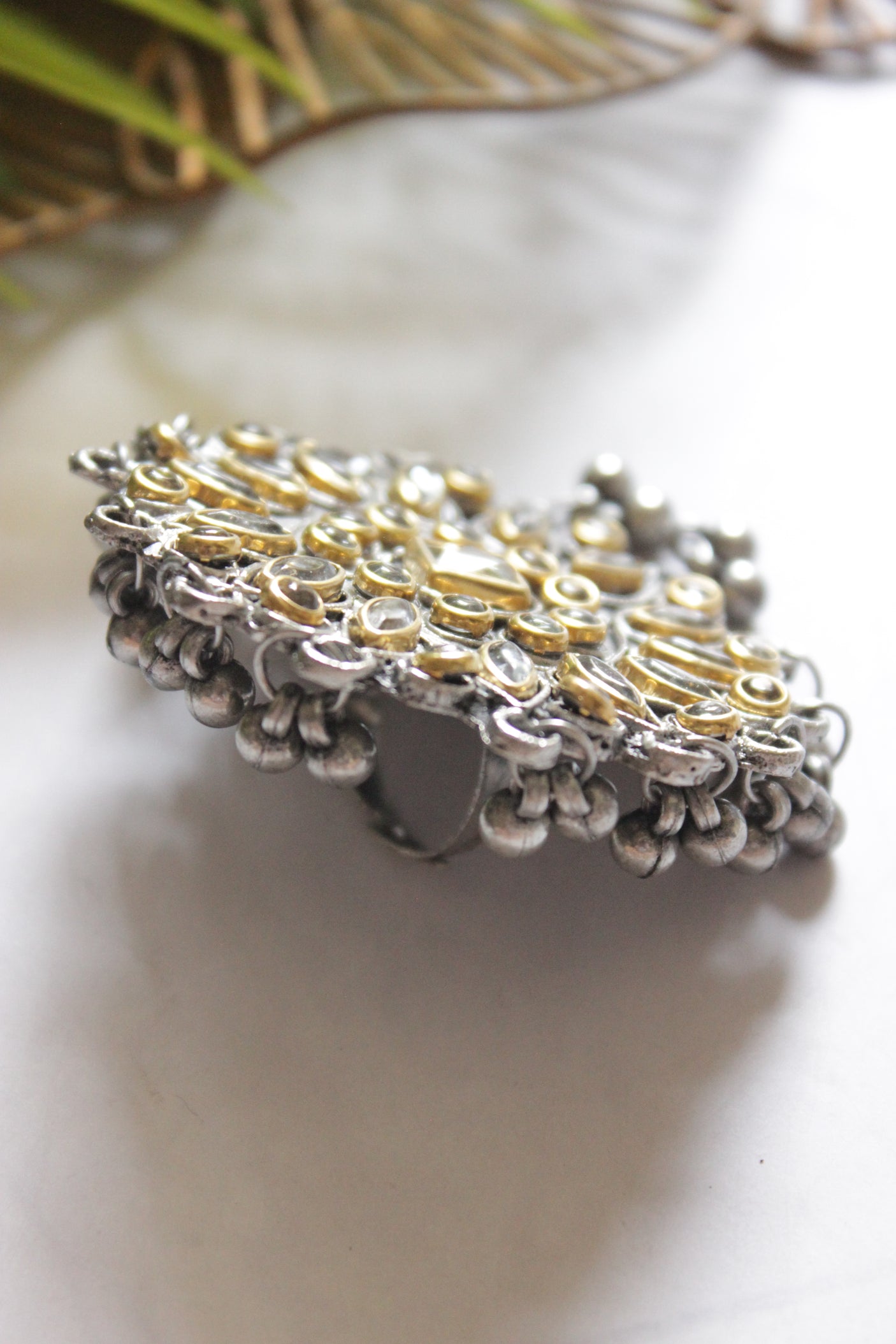 Dual Tone Oxidised Finish Glass Embedded Adjustable Cocktail Ring