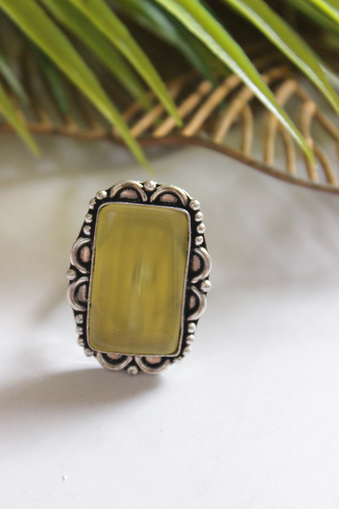 Lime Green Natural Gemstone Embedded Silver Finish Adjustable Ring