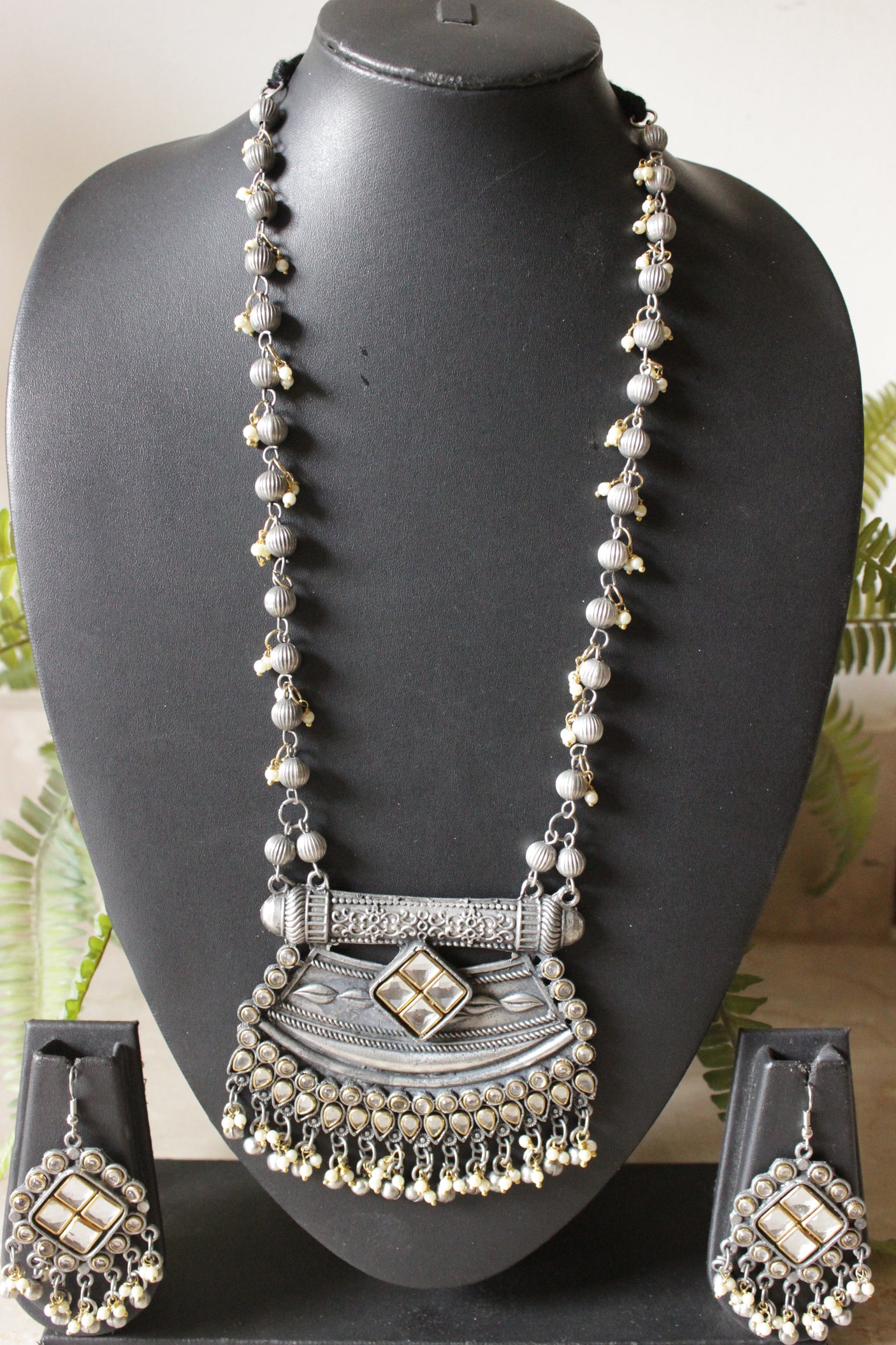 Dual Tone Premium Oxidised Finish Adjustable Length Long Necklace Set