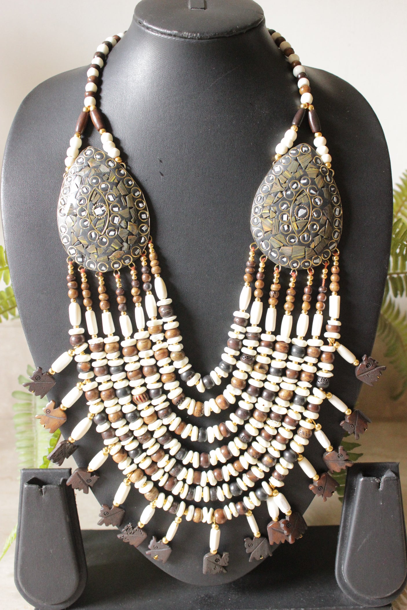 Brown and White Bone Beads Handcrafted Multi-Layer African Tribal Necklace