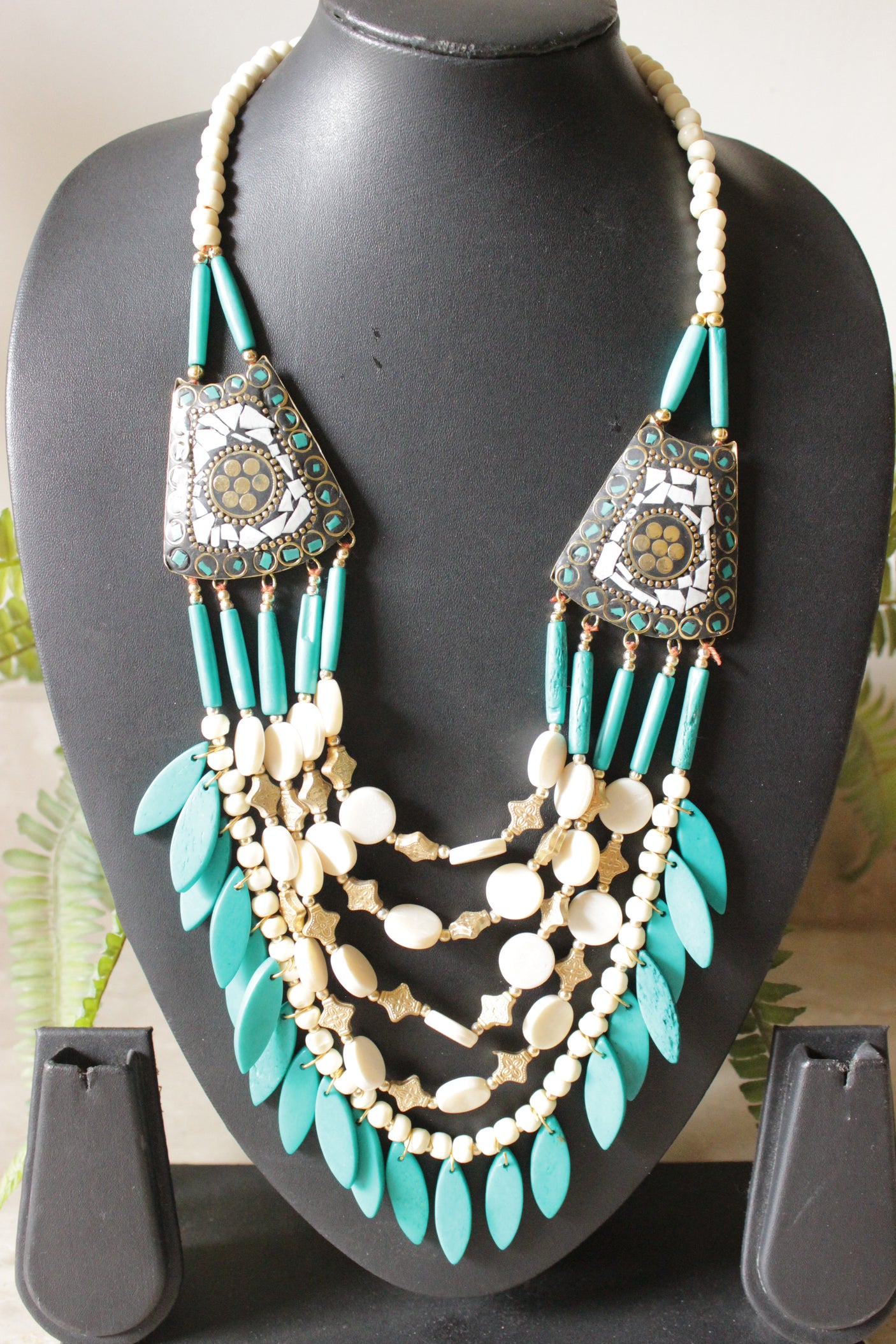 Ivory and Blue Bone Beads Handcrafted Multi-Layer African Tribal Necklace