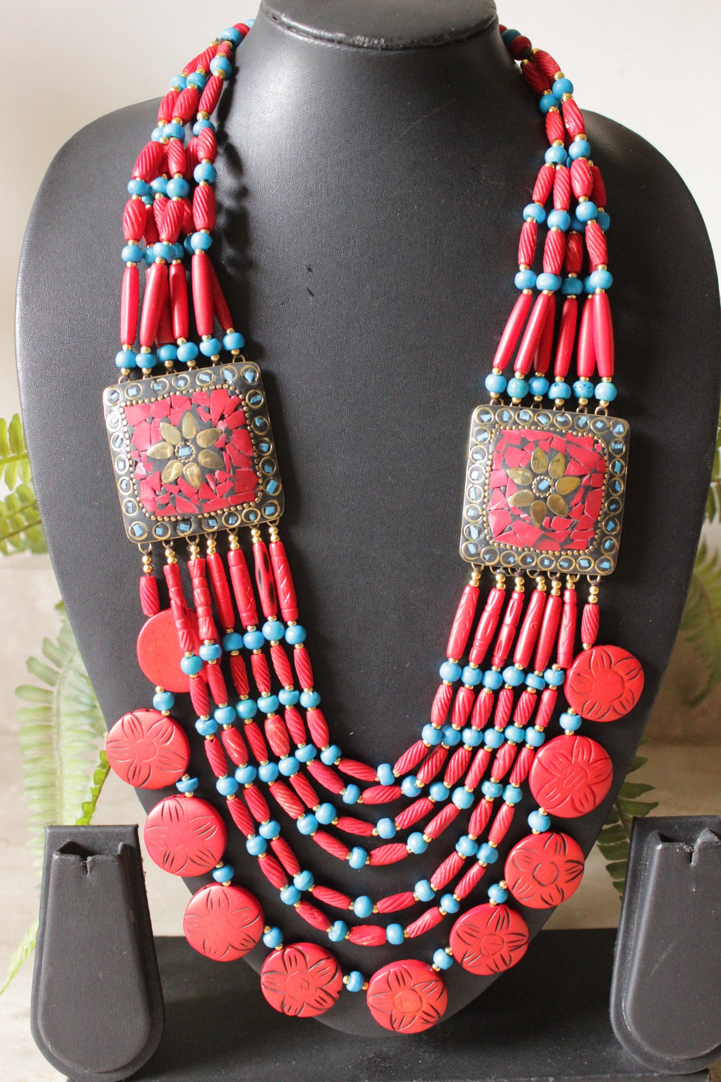 Blue and Red Circular Bone Beads Handcrafted Multi-Layer African Tribal Necklace