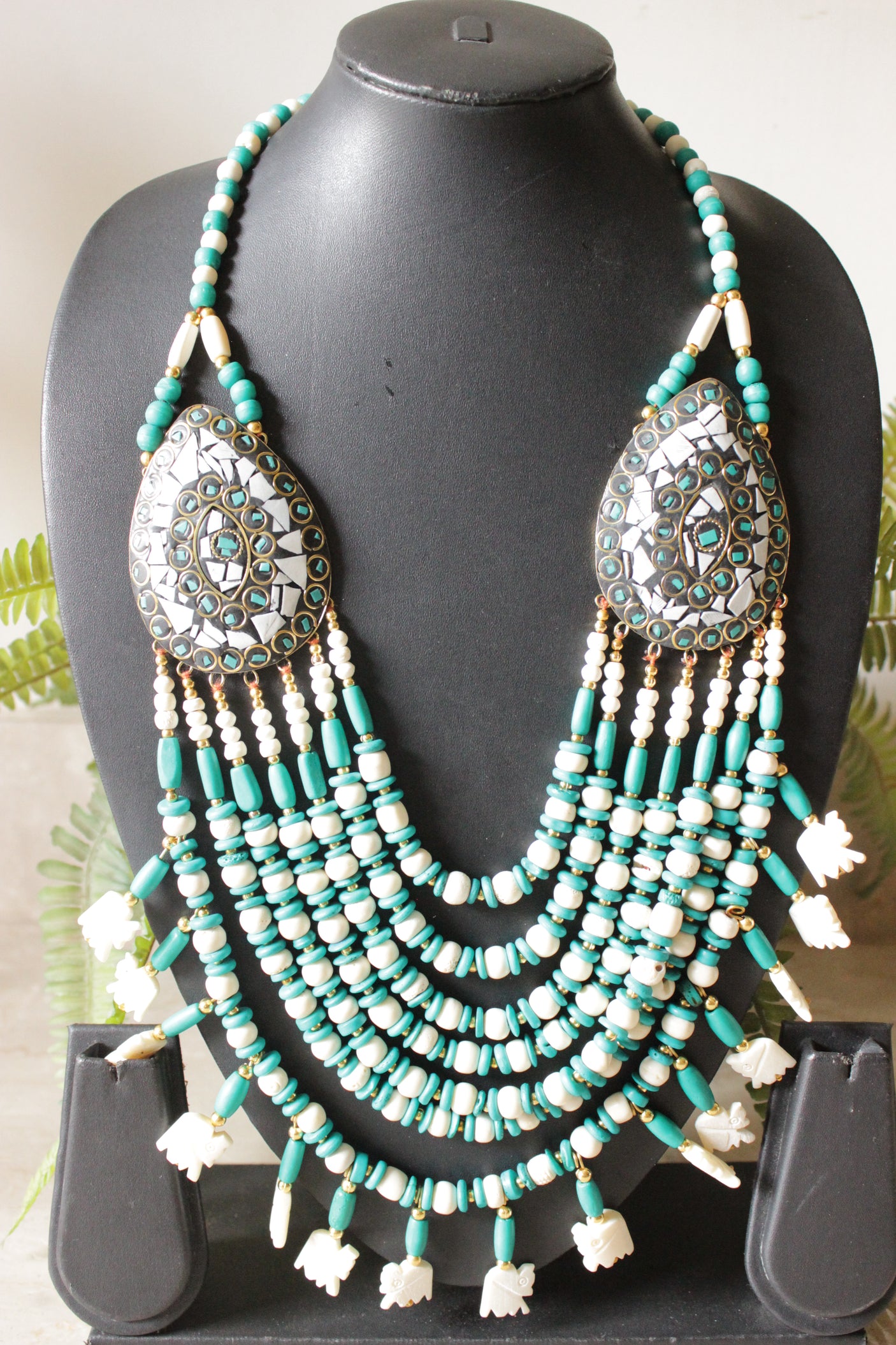Turquoise and White Bone Beads Handcrafted Multi-Layer African Tribal Necklace