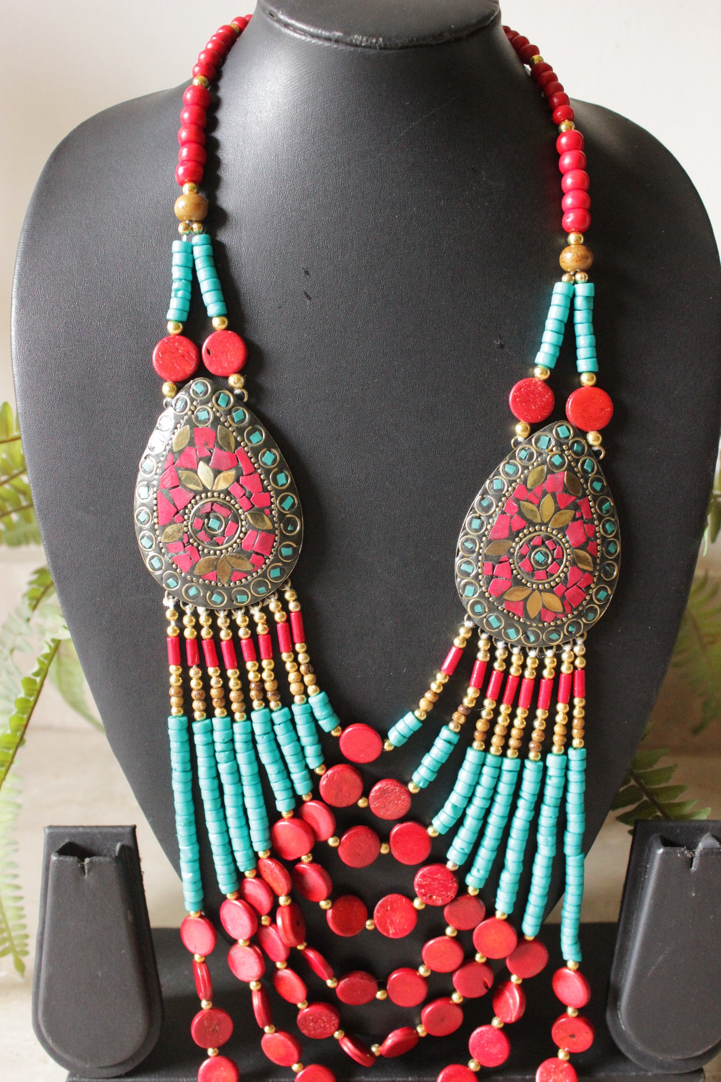 Turquoise and Red Bone Beads Handcrafted Multi-Layer African Tribal Necklace