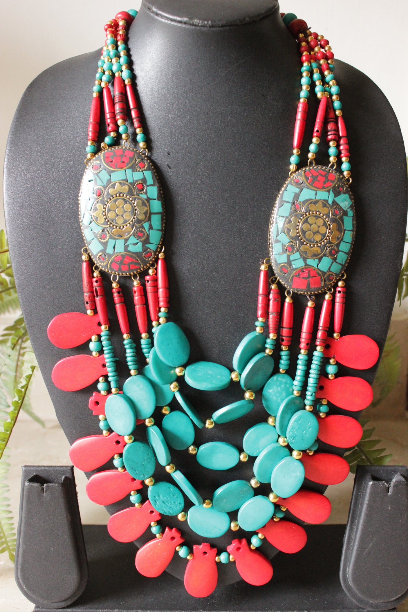 Blue and Red Oval Bone Beads Handcrafted Multi-Layer African Tribal Necklace