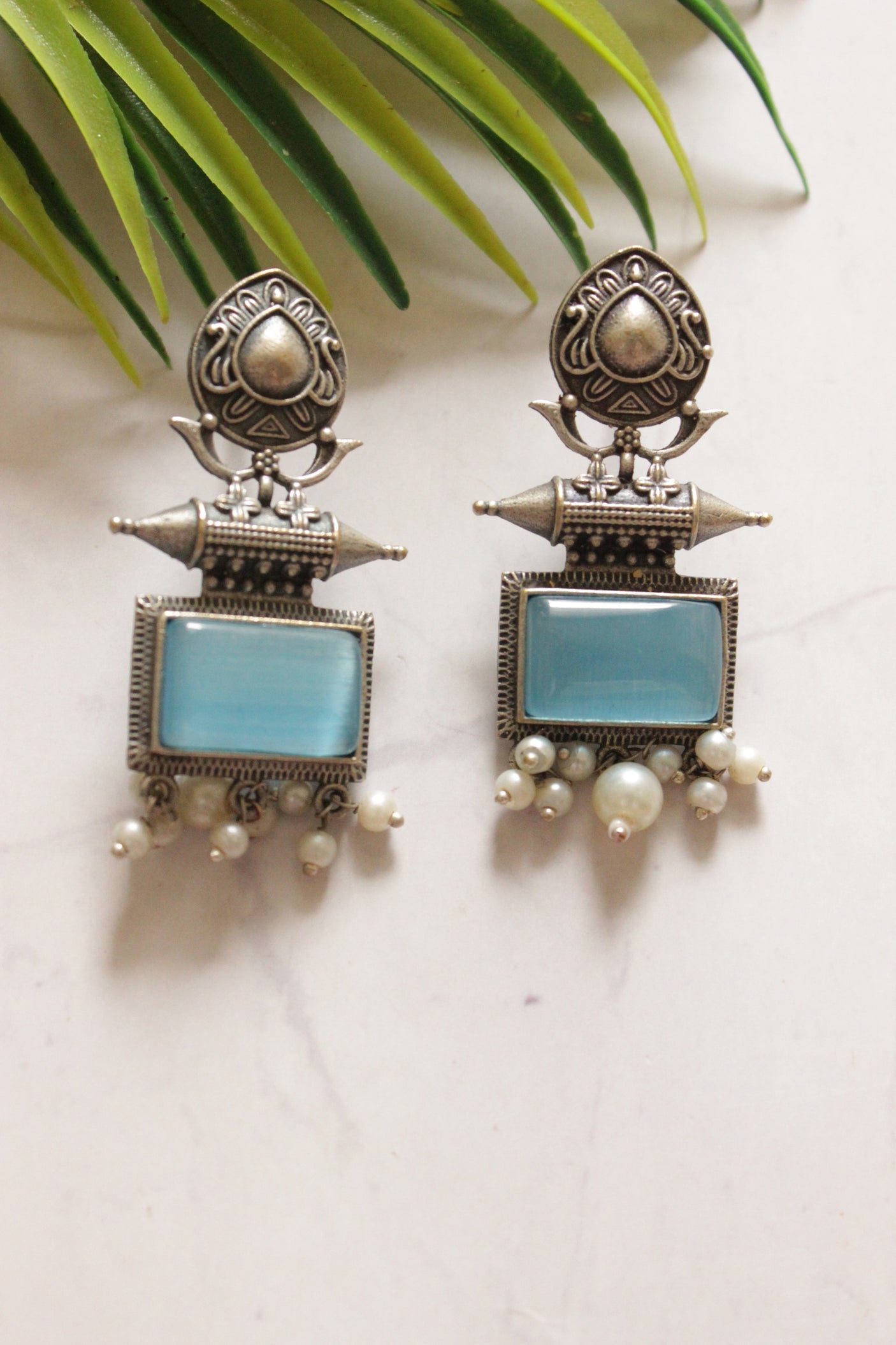 Blue Center Stone Premium Oxidised Finish Warrior Earrings