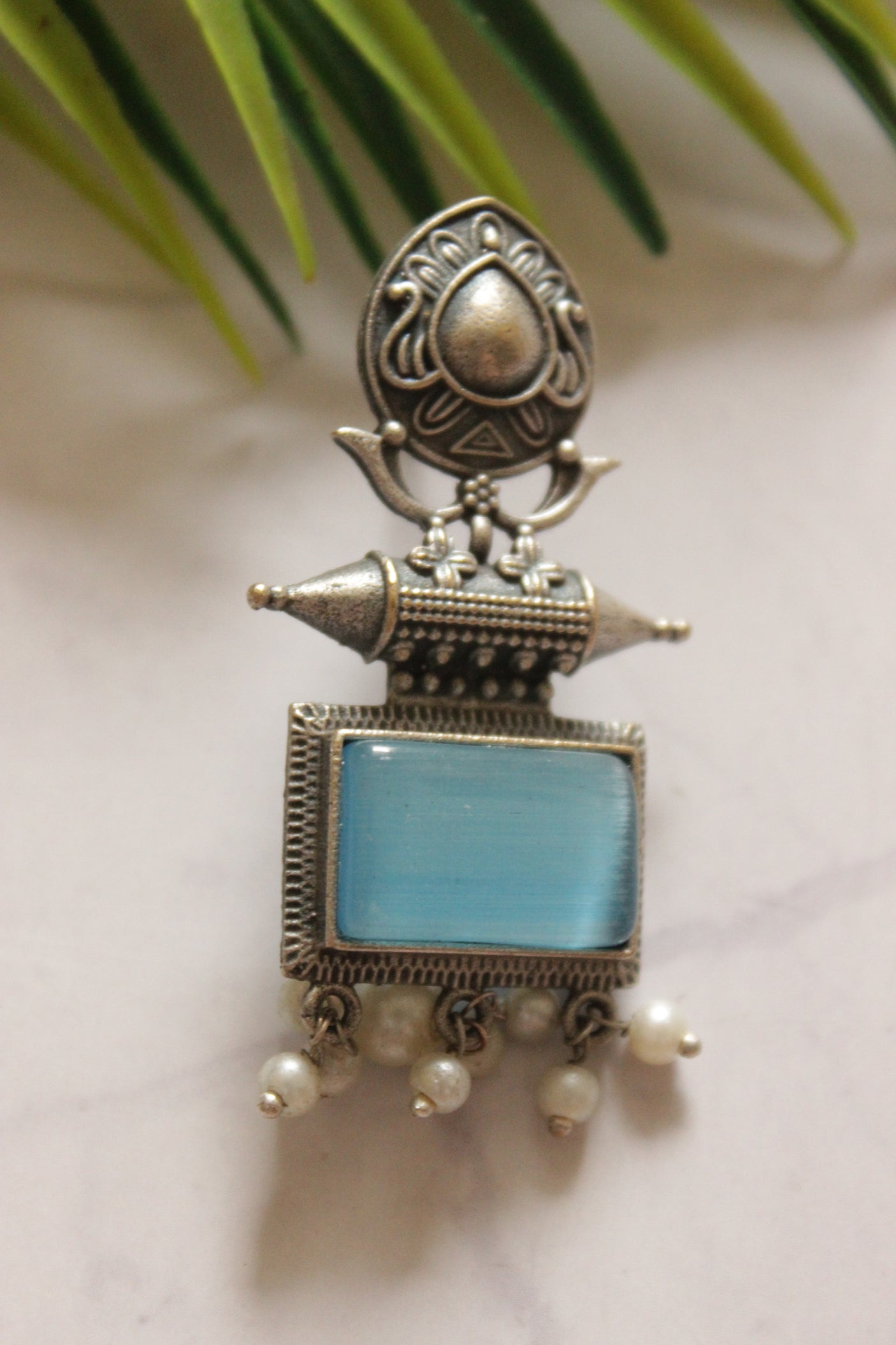 Blue Center Stone Premium Oxidised Finish Warrior Earrings