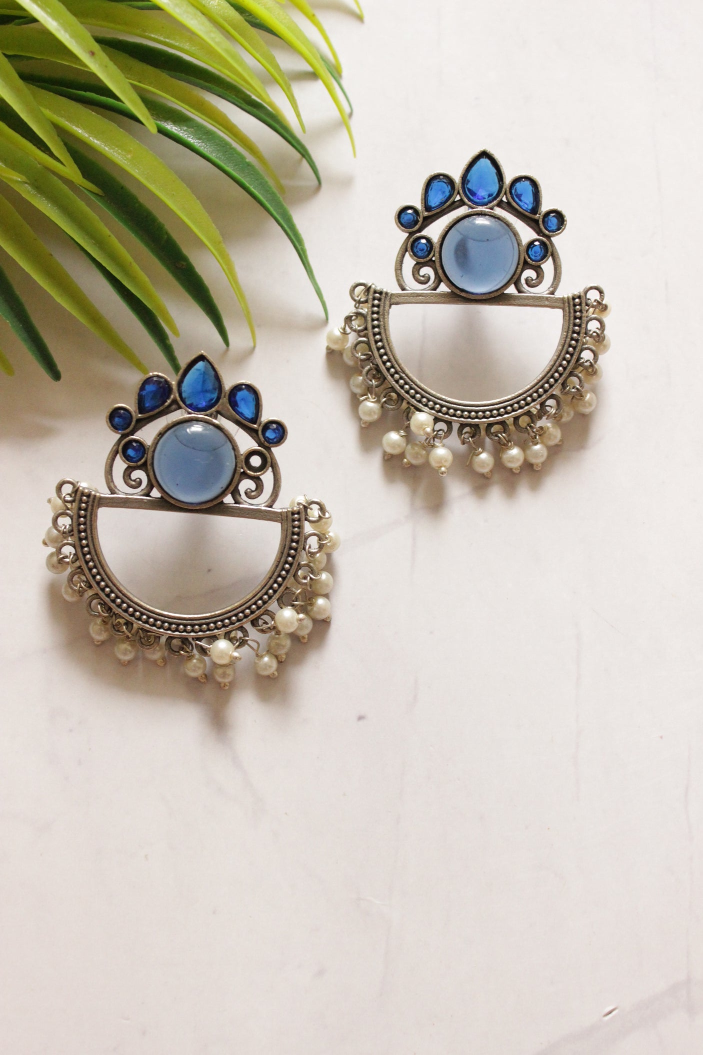 Ivory Stone Half Moon Shape Blue and Purple Stones Embedded Earrings