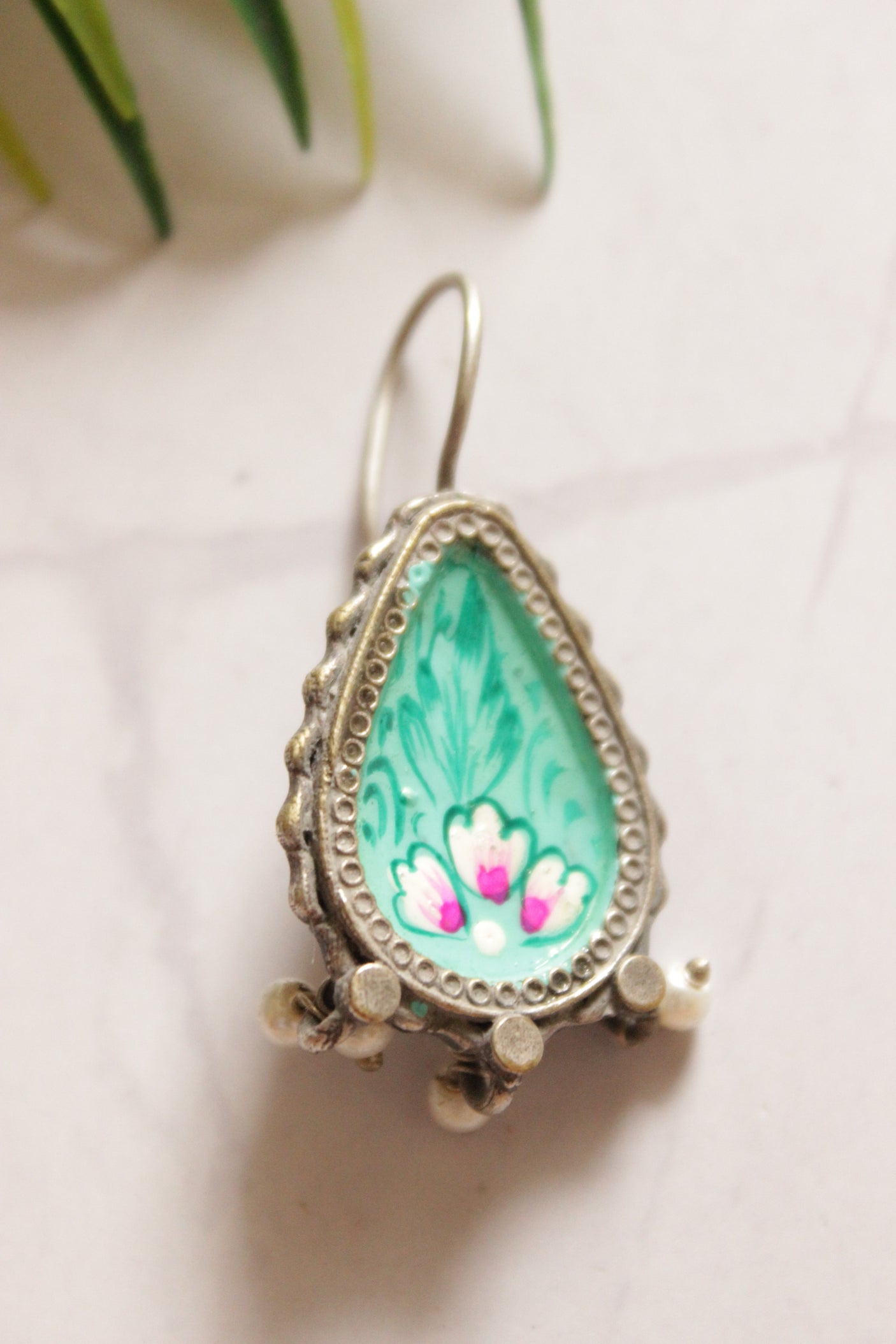 Turquoise Meenakari Work Oxidised Finish Oval Earrings