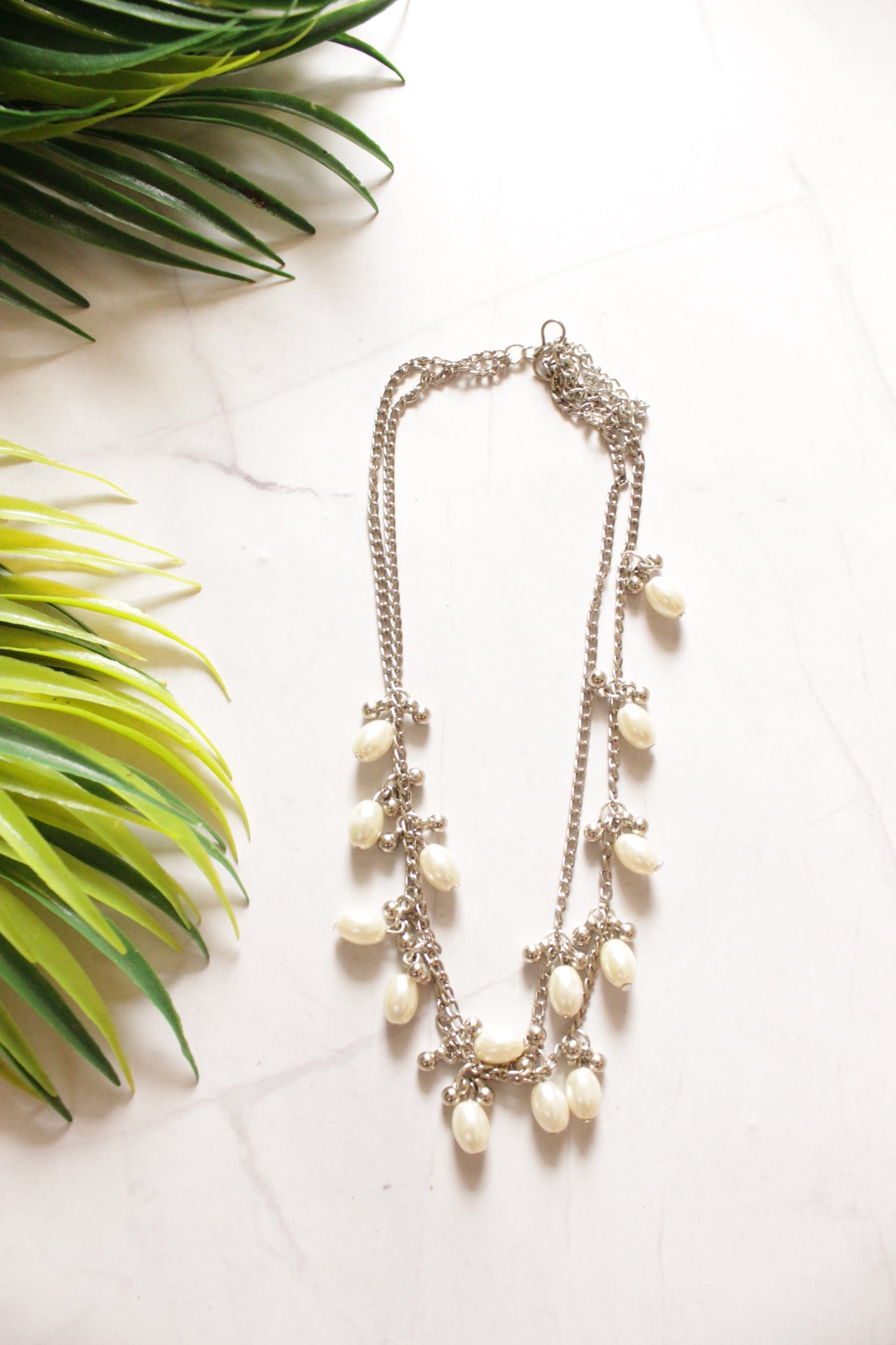 Ivory Pearl Beads and Ghungroo Beads Metal Chain 2-Layer Necklace