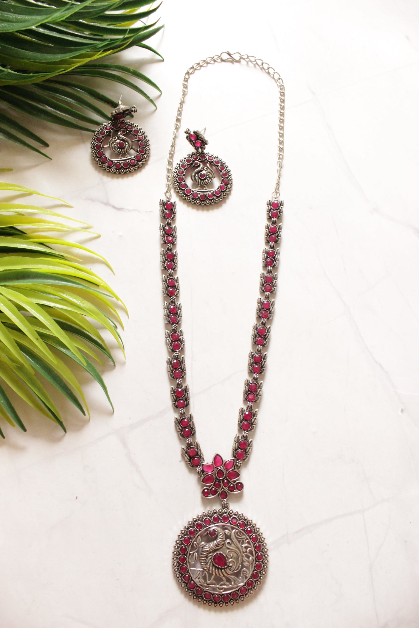 Pink Stones Embedded Peacock Motif Oxidised Finish Long Necklace Set