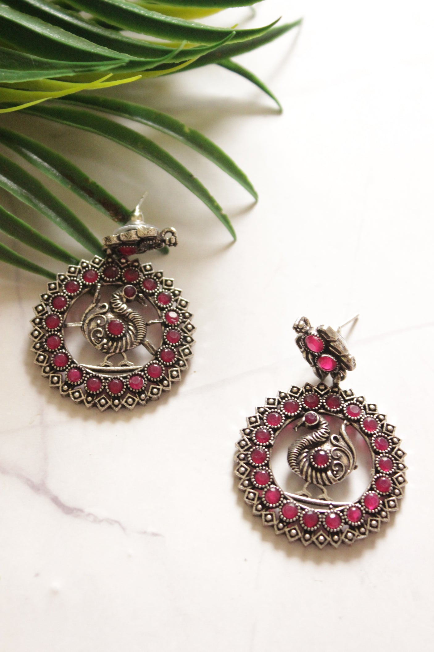 Pink Stones Embedded Peacock Motif Oxidised Finish Long Necklace Set