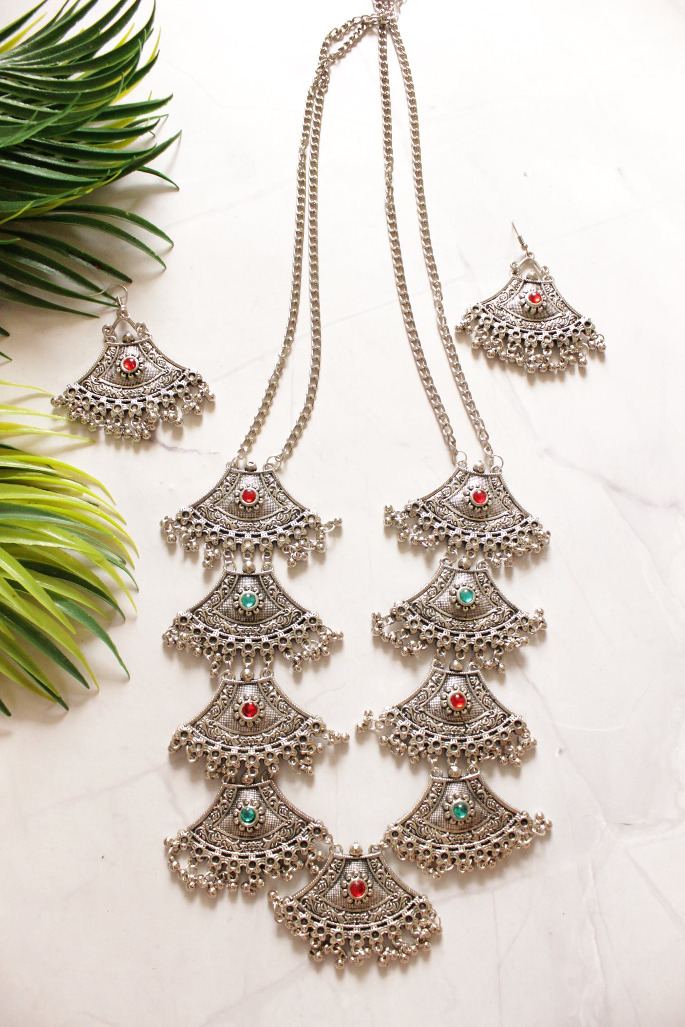 German Silver Stone Work Oxidised Finish Chandbali Layered Long Necklace Set