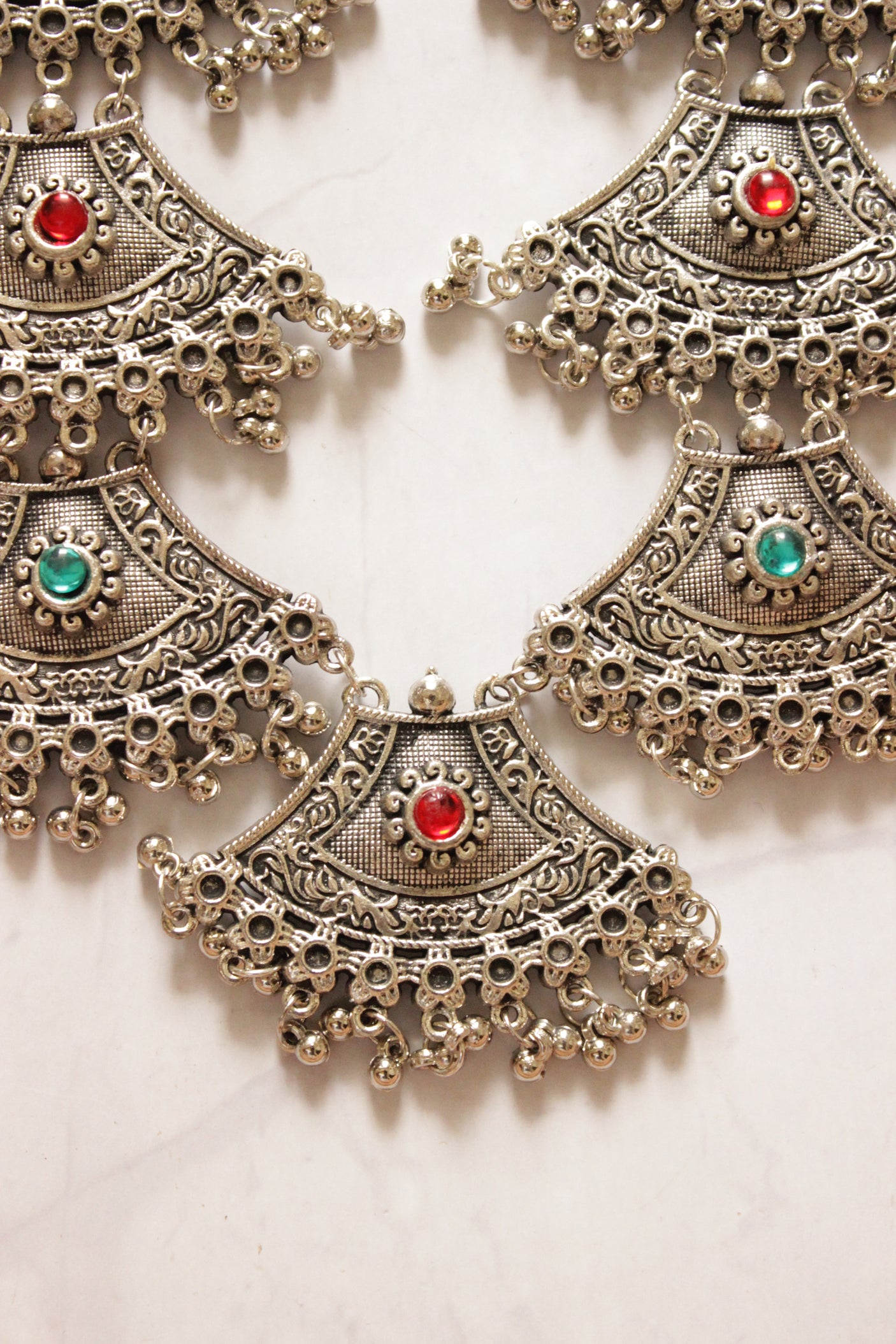 German Silver Stone Work Oxidised Finish Chandbali Layered Long Necklace Set