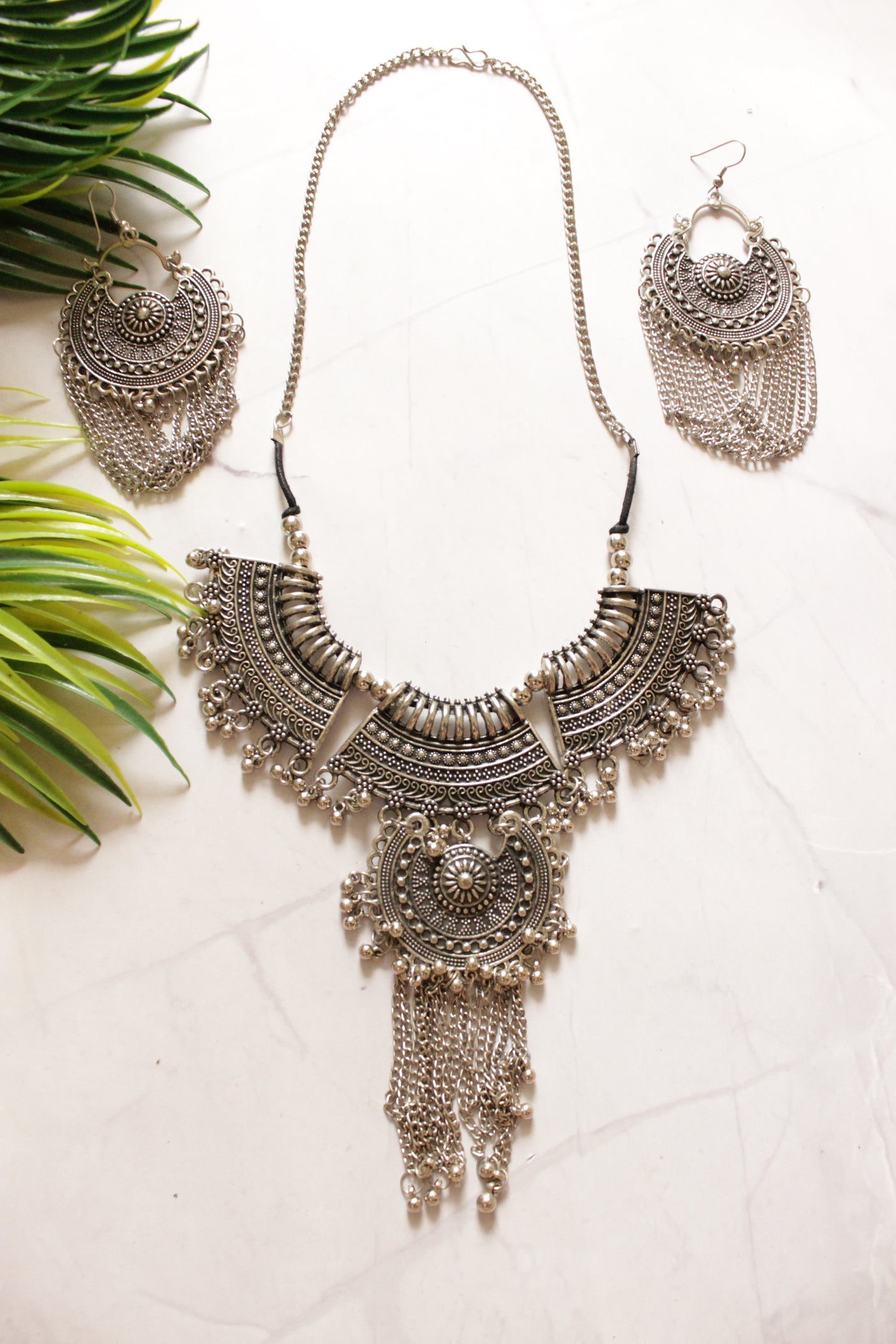 Oxidised Finish Intricately Detailed Choker Style Long Necklace Set