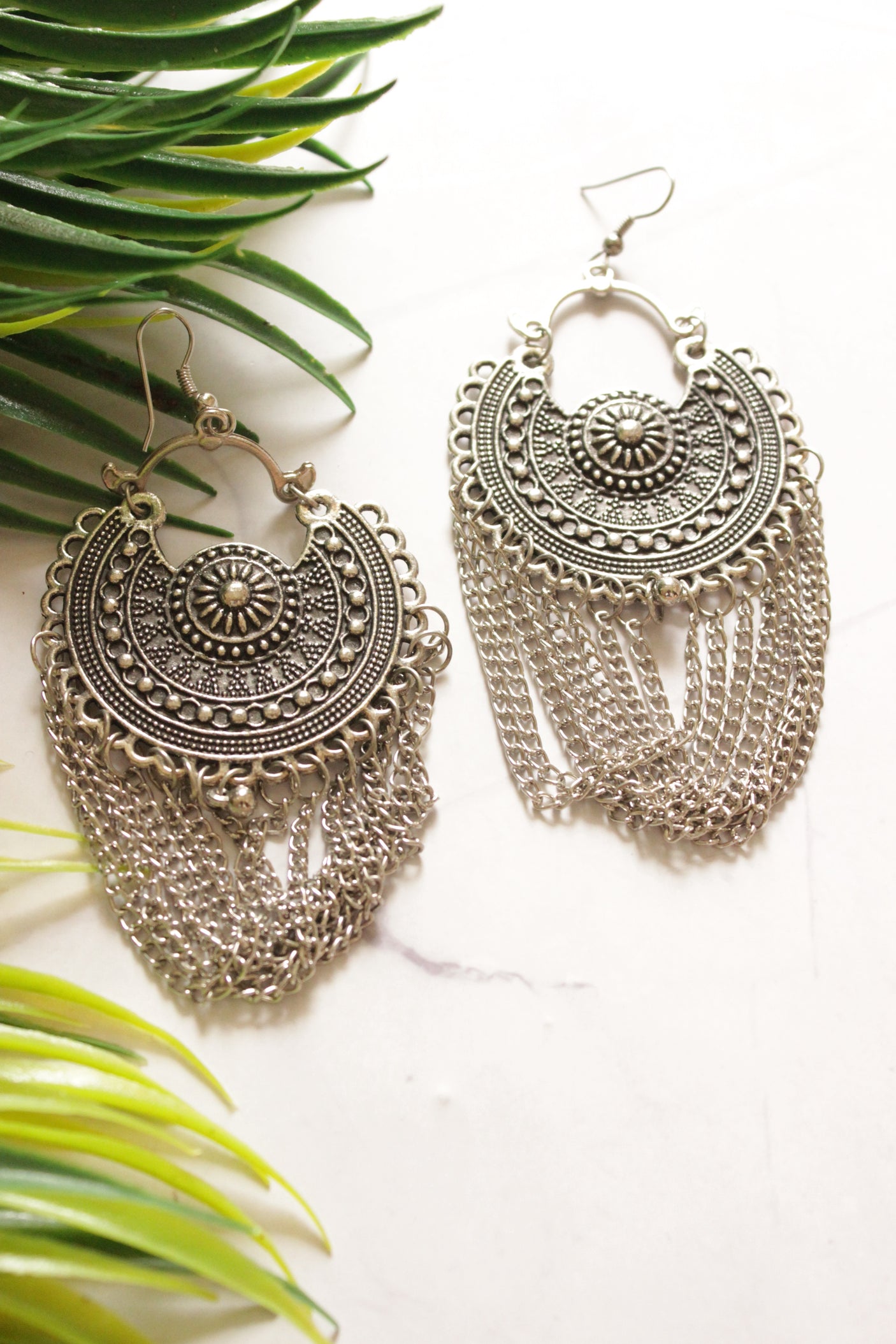 Oxidised Finish Intricately Detailed Choker Style Long Necklace Set