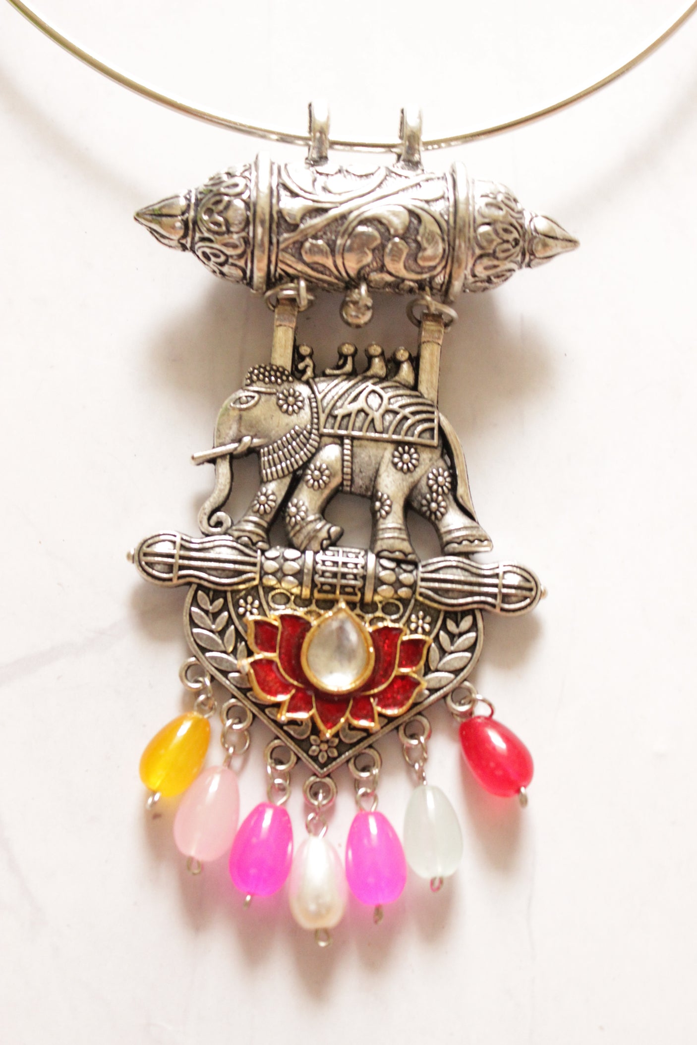 Oxidised Multi-Color Elephant Hasli Necklace Set
