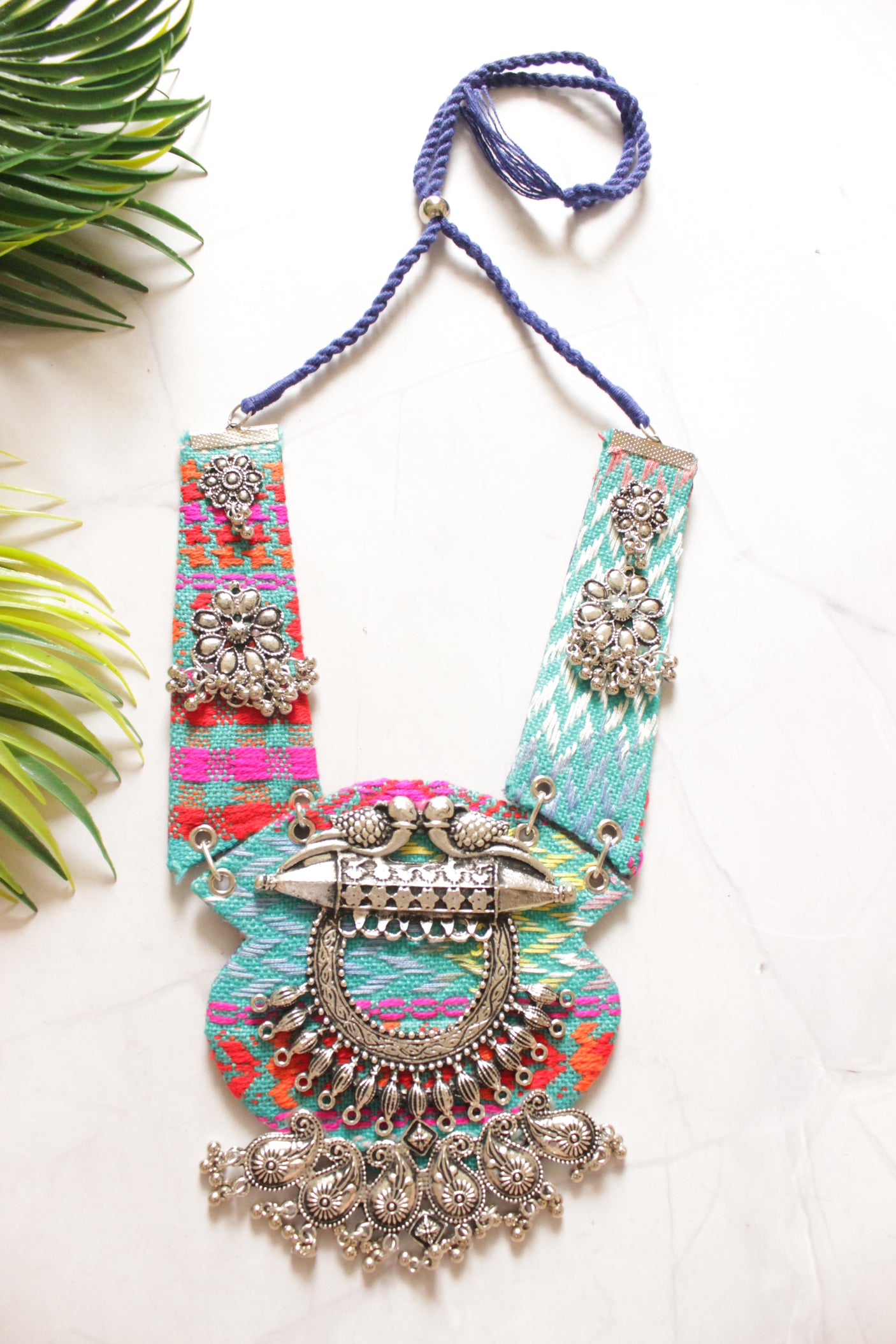 Blue and Multi-Color Hand Embroidered Collar Necklace with Metal Accents
