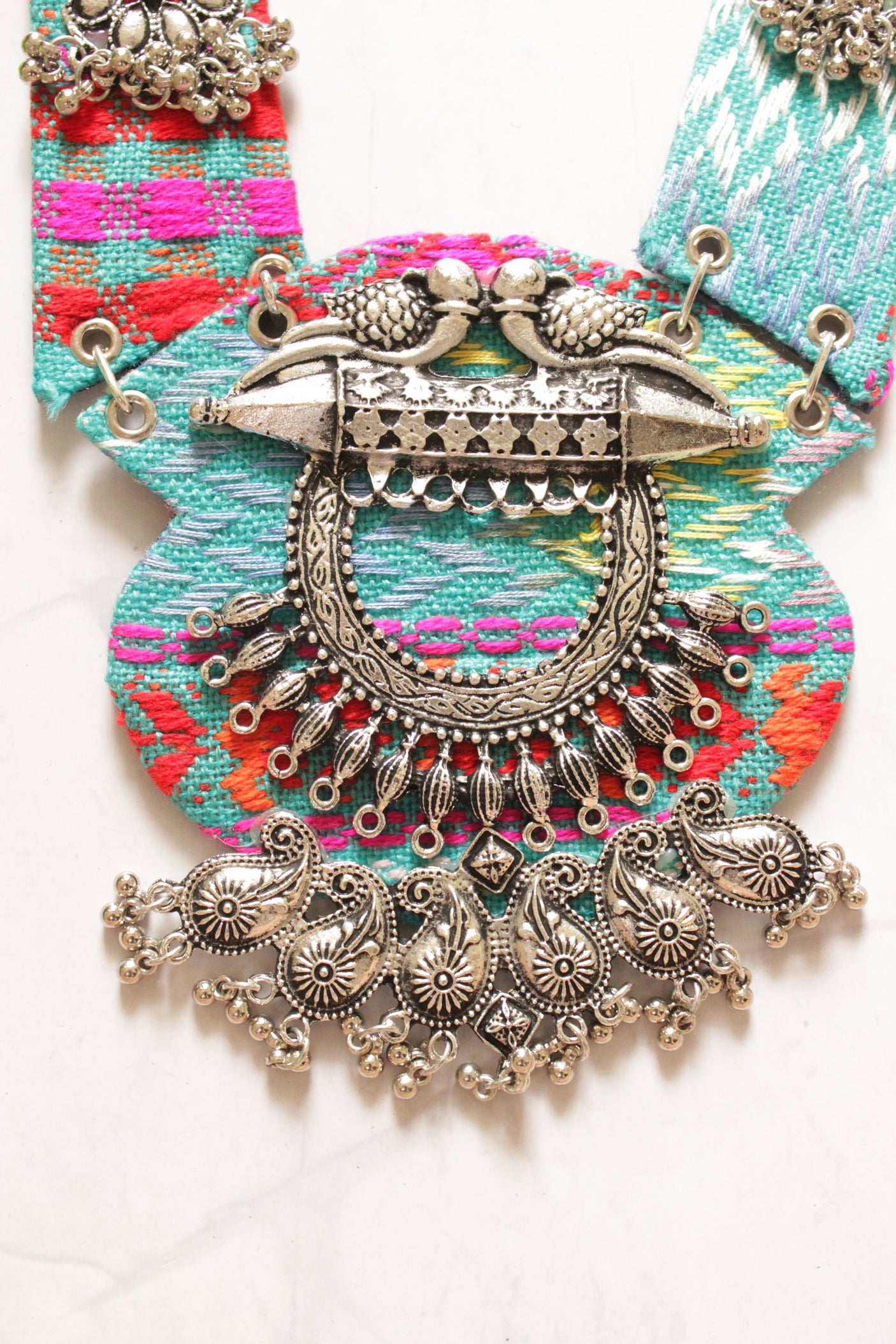 Blue and Multi-Color Hand Embroidered Collar Necklace with Metal Accents