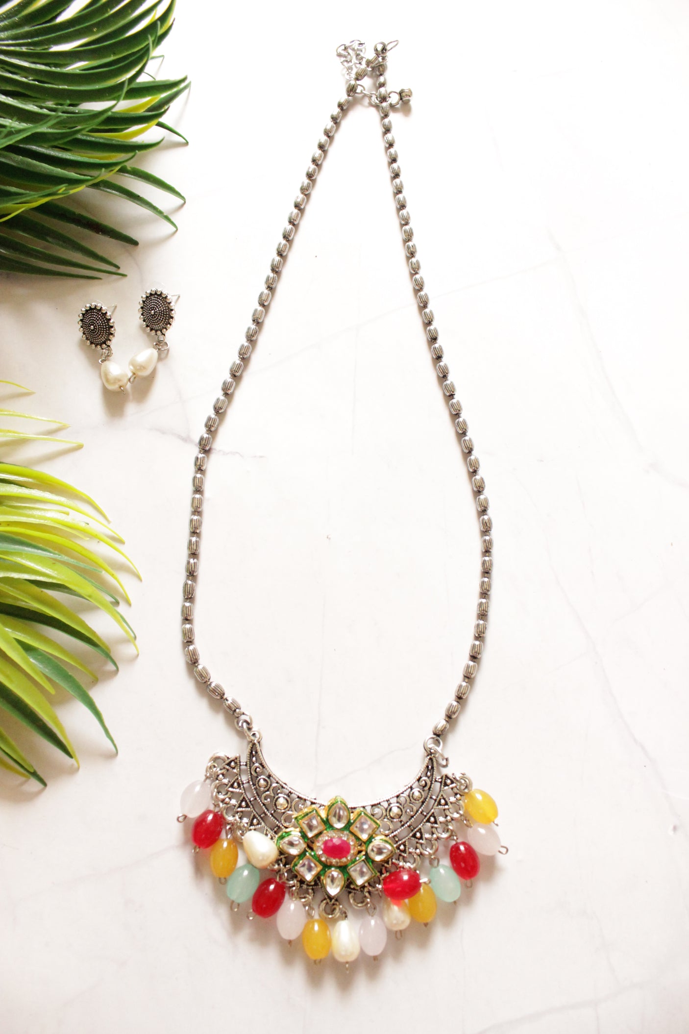 Long Chain Oxidised Finish Fusion Necklace Set with Multi-Color Acrylic Beads