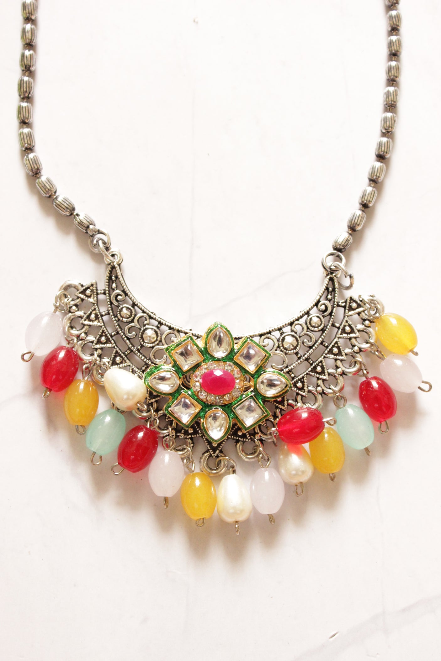 Long Chain Oxidised Finish Fusion Necklace Set with Multi-Color Acrylic Beads
