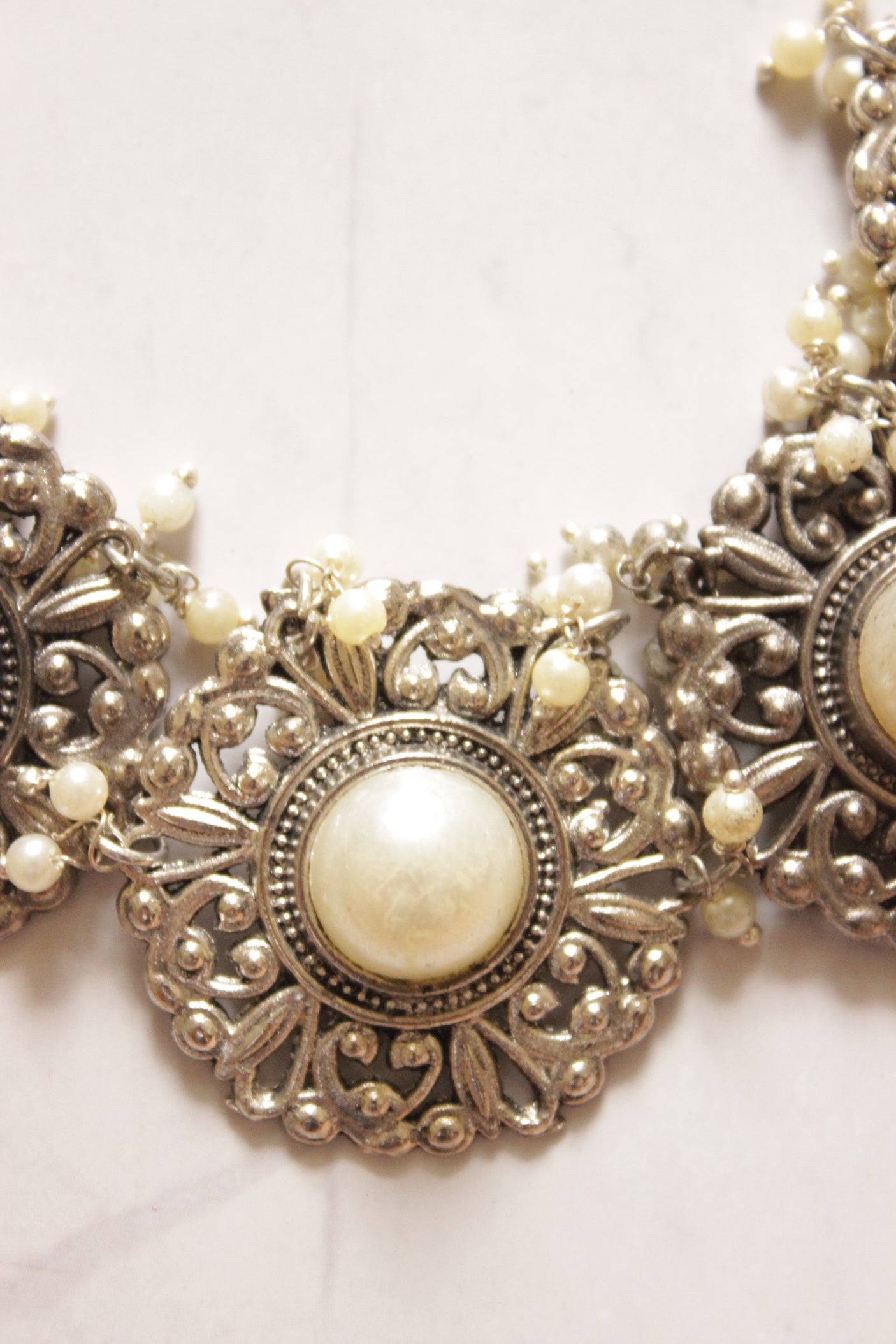 Oxdised Finish Mogra Pearl Choker Necklace Set with Adjustable Thread Closure