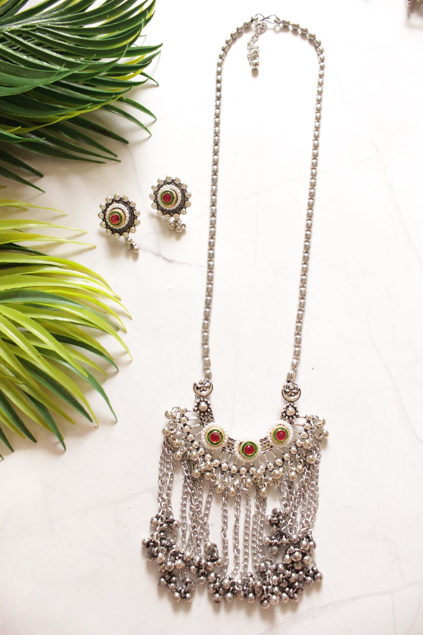 Red and Green Stones & Pearl Oxidised Finish Long Chain Necklace Set