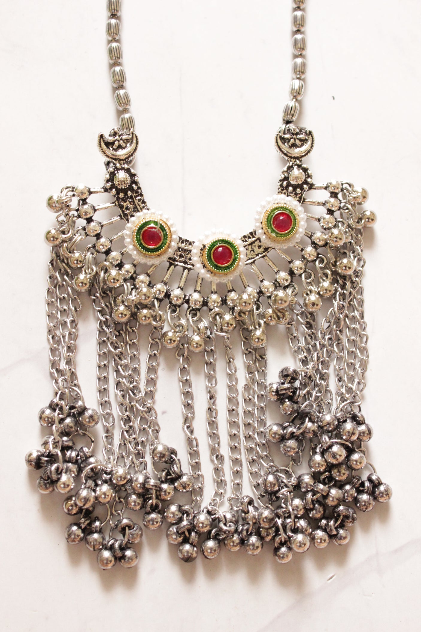 Red and Green Stones & Pearl Oxidised Finish Long Chain Necklace Set