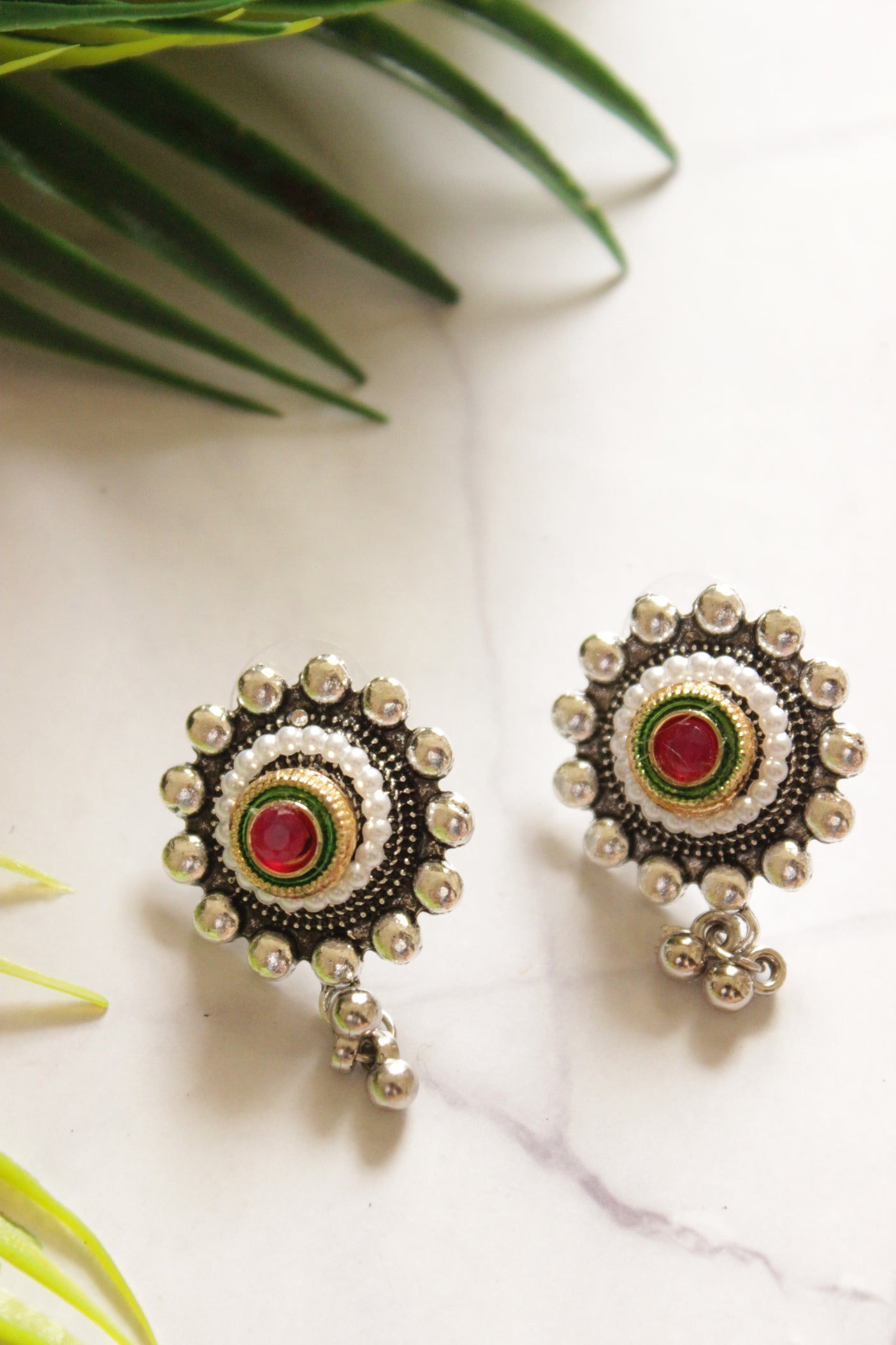 Red and Green Stones & Pearl Oxidised Finish Long Chain Necklace Set