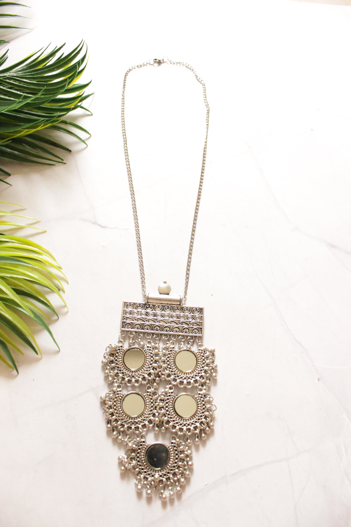 Afghani Oxidised Finish 3 Layered Mirror Chandbali Long Chain Necklace