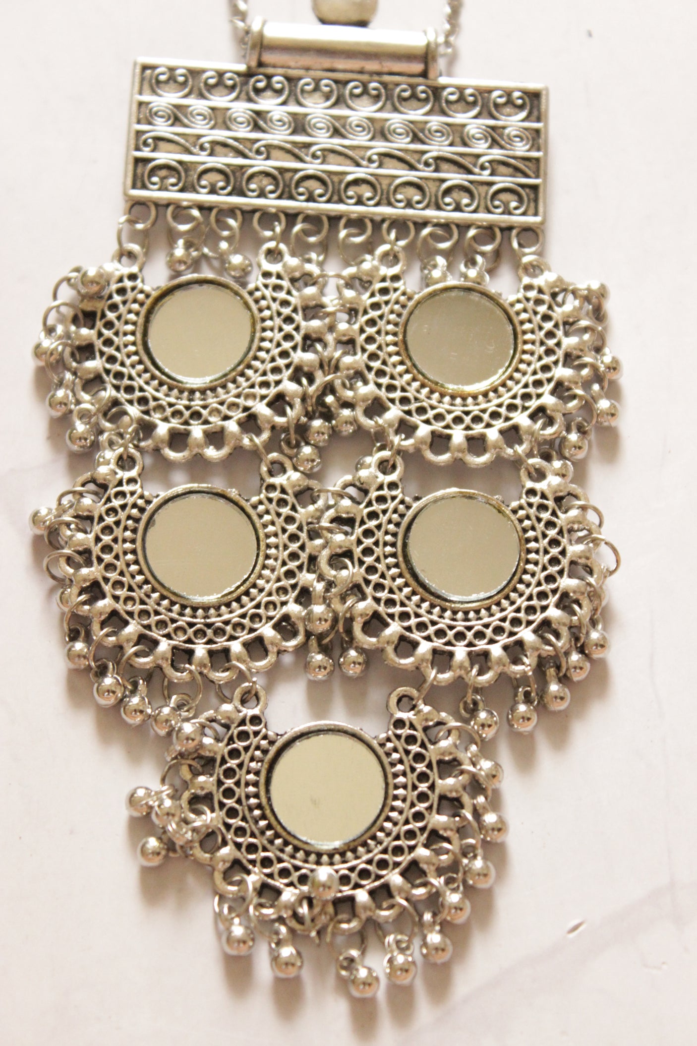Afghani Oxidised Finish 3 Layered Mirror Chandbali Long Chain Necklace
