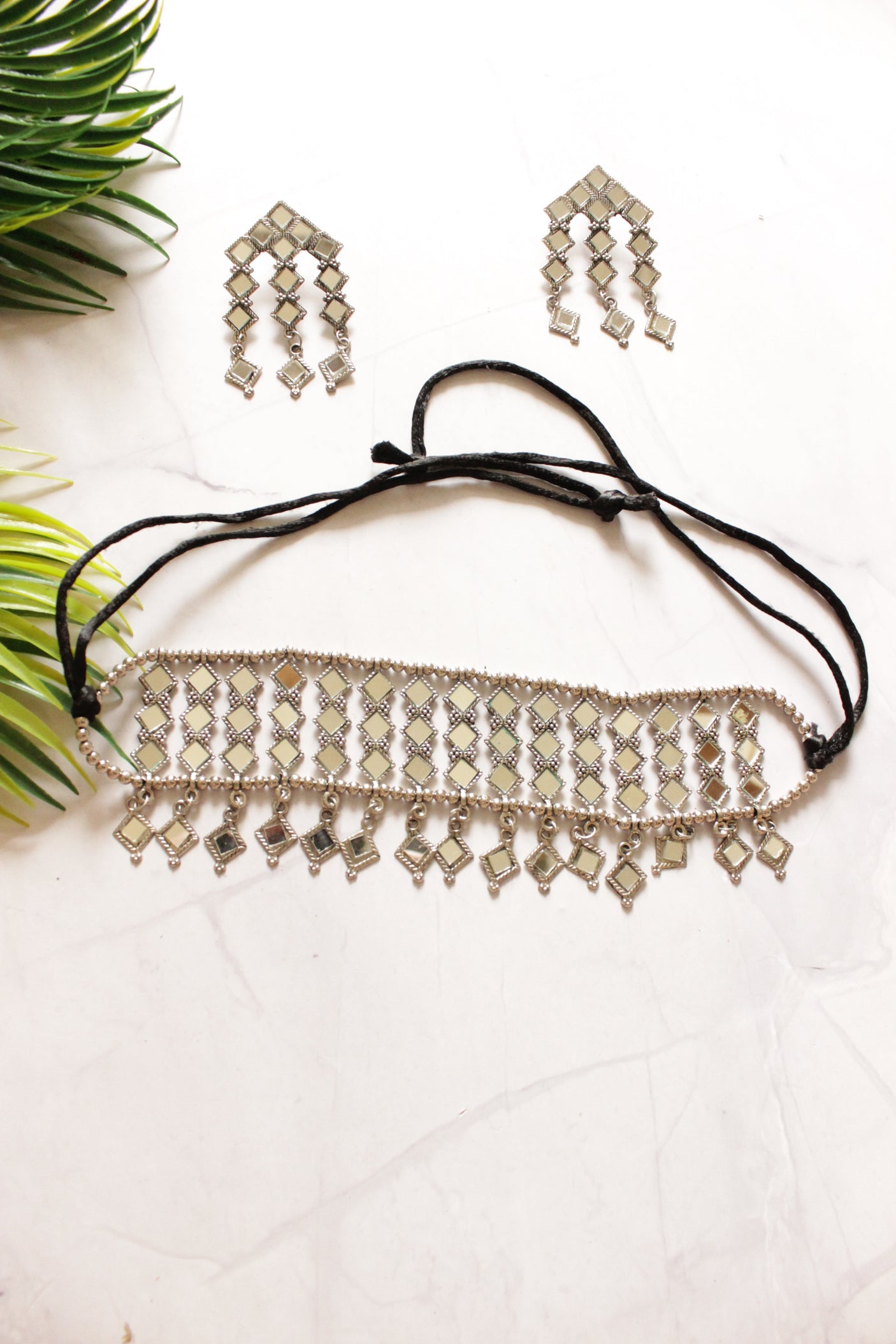 Handmade Square Mirror Work Choker Necklace Set with Adjustable Thread Closure