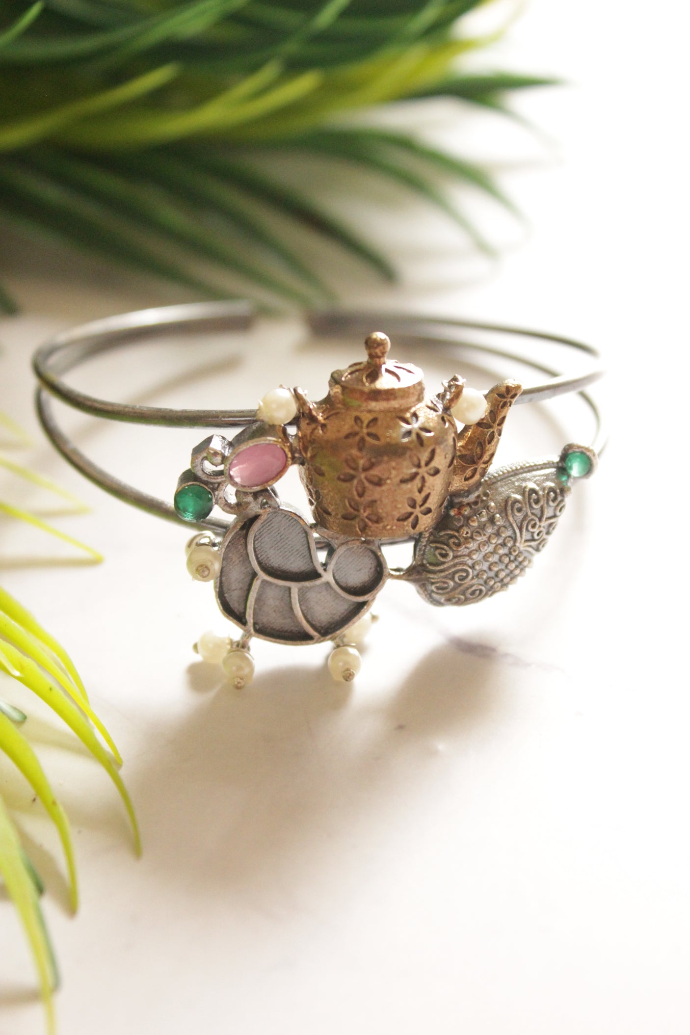 Dual Tone Tea Kettle Motif Pink and Green Stones Embedded Bracelet/Kada