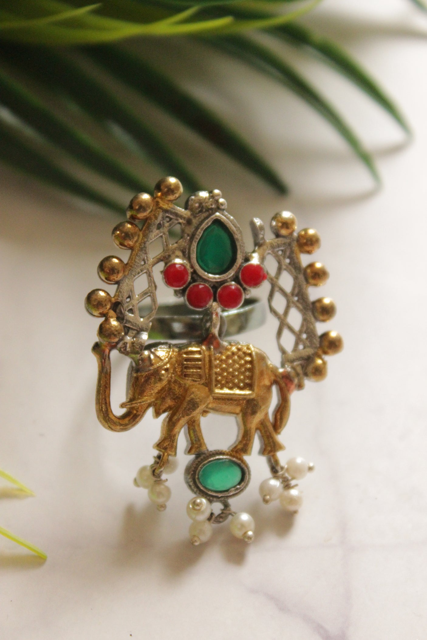 Dual Tone Premium Elephant Motif Green & Red Stones Embedded Statement Cocktail Ring