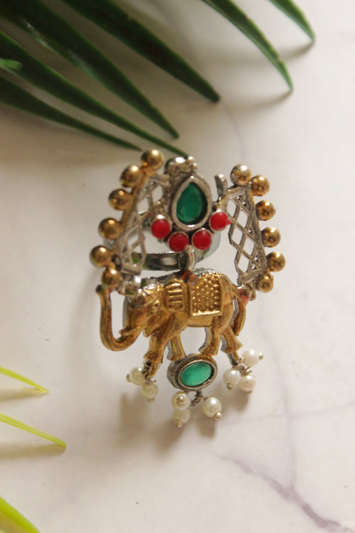 Dual Tone Premium Elephant Motif Green & Red Stones Embedded Statement Cocktail Ring