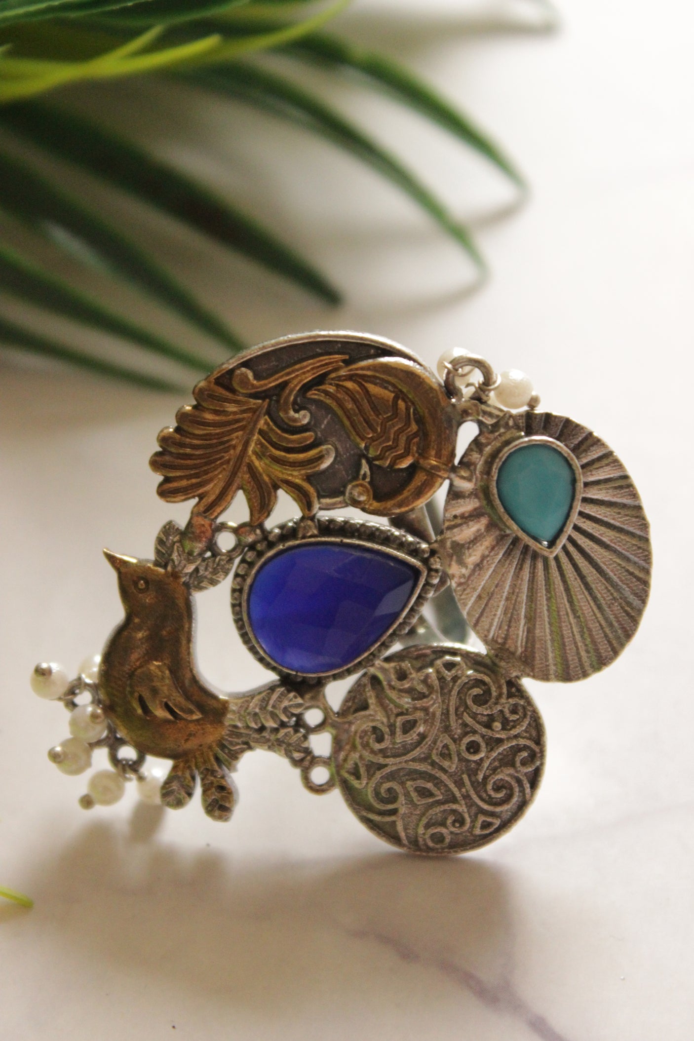 Dual Tone Premium Flora and Fauna Motif Blue & Purple Stones Embedded Statement Cocktail Ring