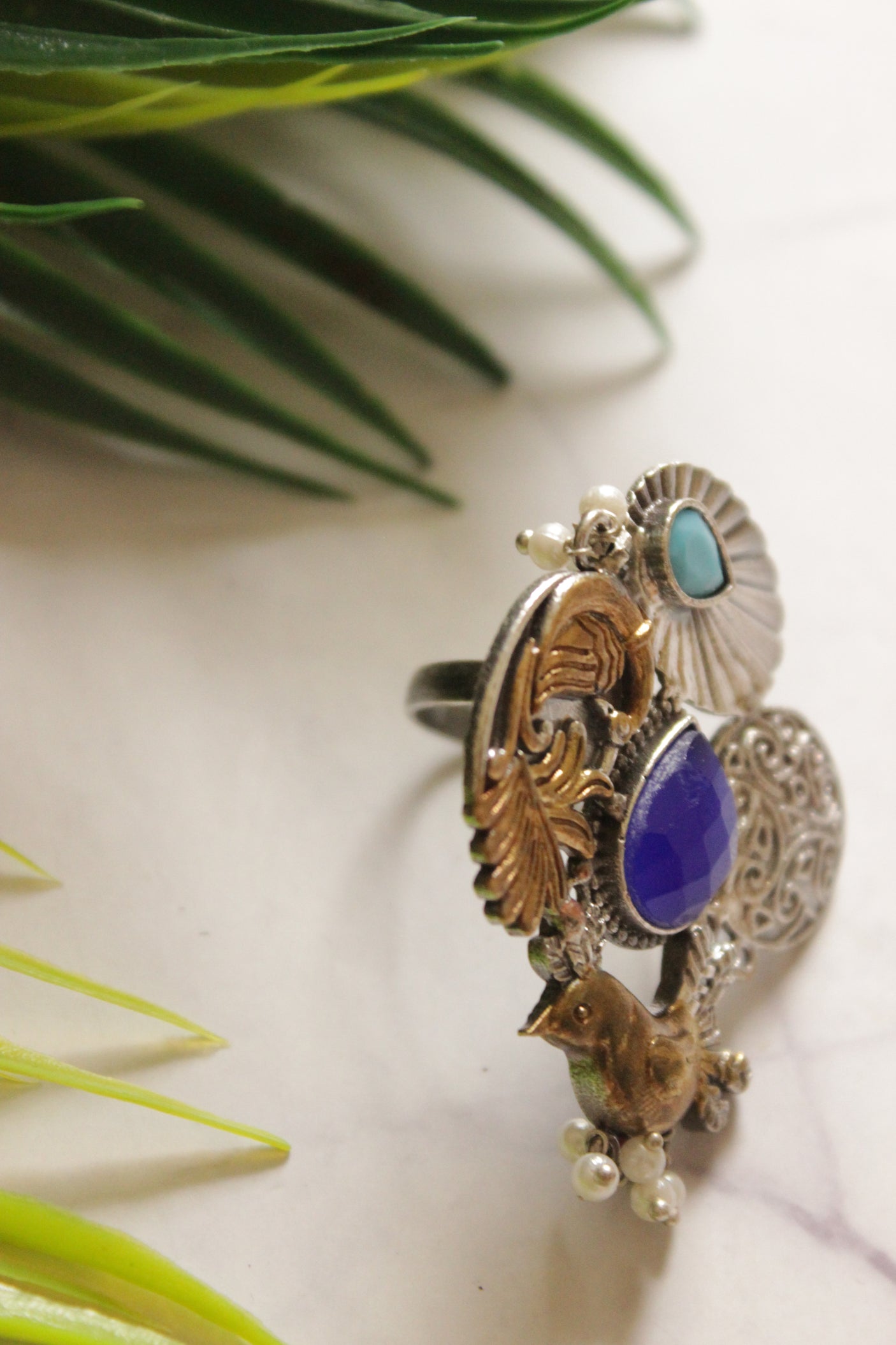 Dual Tone Premium Flora and Fauna Motif Blue & Purple Stones Embedded Statement Cocktail Ring