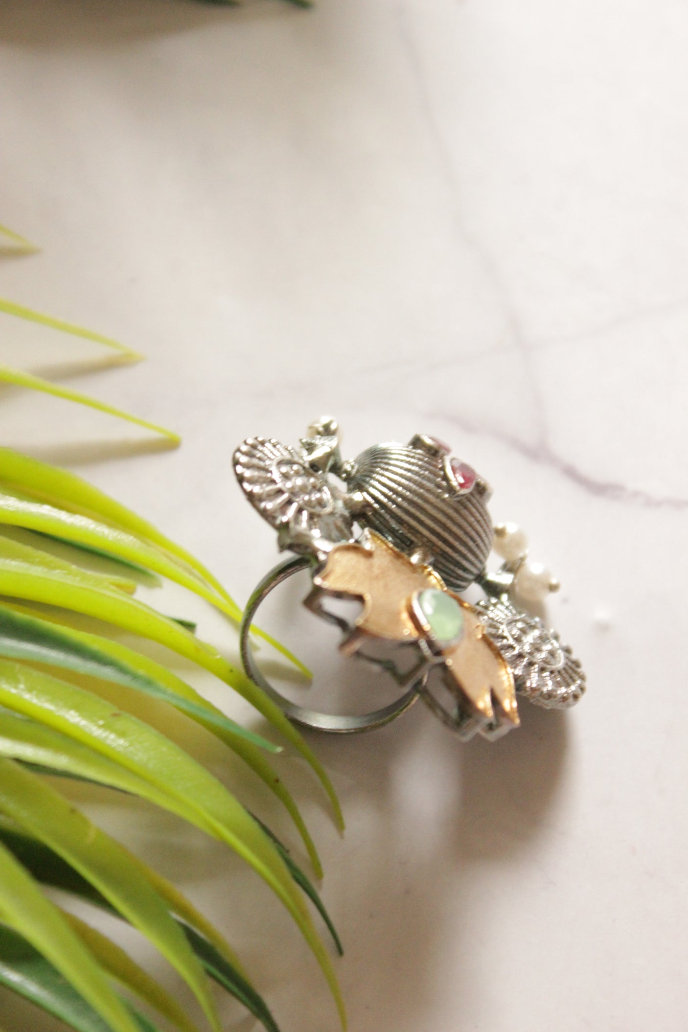 Dual Tone Premium Flower Motifs Pink Stones Embedded Statement Cocktail Ring