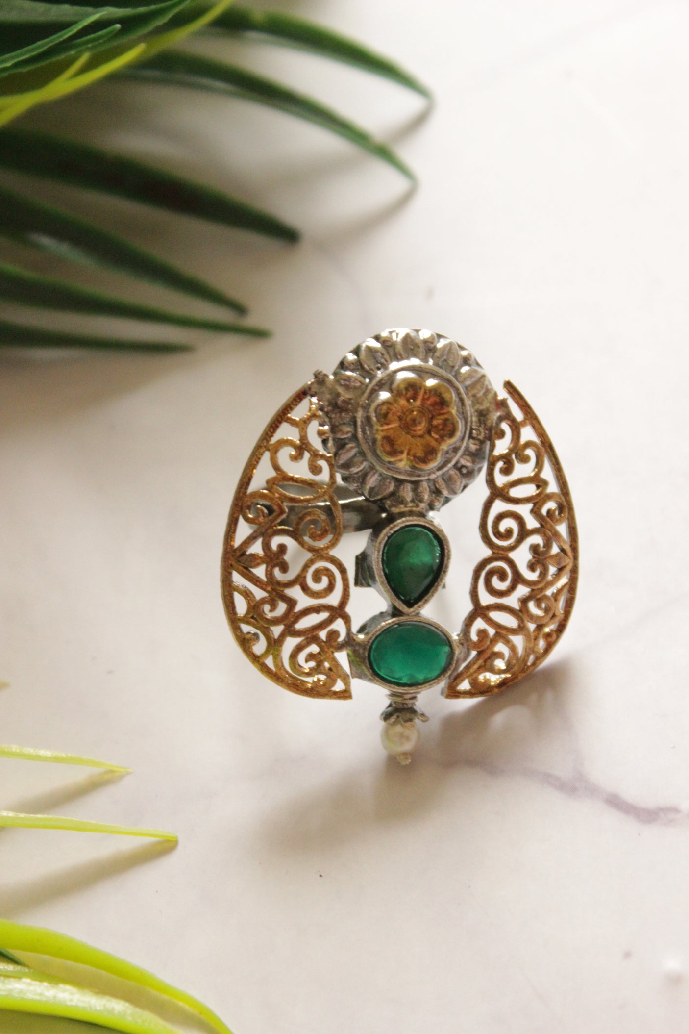 Dual Tone Premium Flower Motifs Green Stones Embedded Statement Cocktail Ring