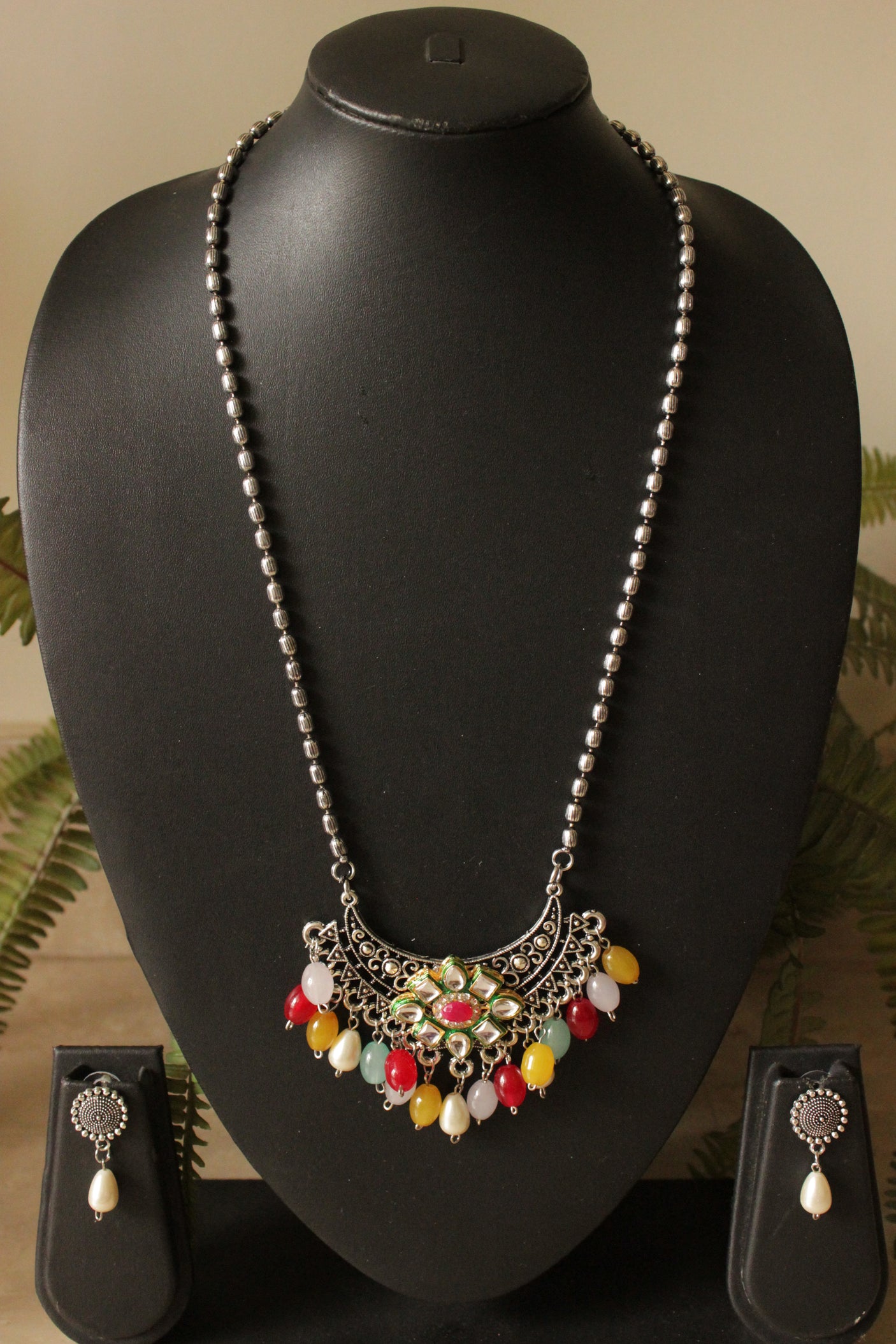 Long Chain Oxidised Finish Fusion Necklace Set with Multi-Color Acrylic Beads