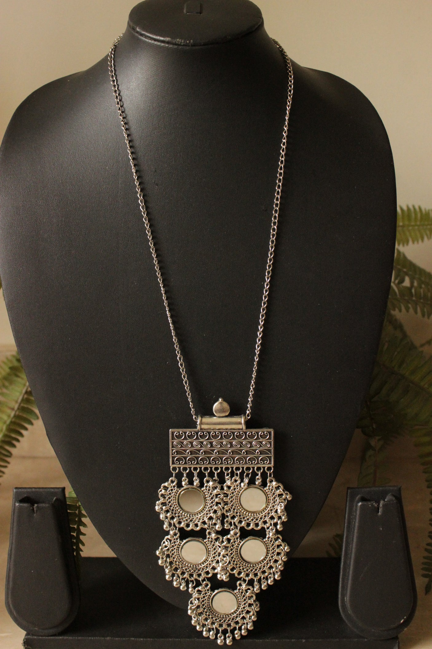 Afghani Oxidised Finish 3 Layered Mirror Chandbali Long Chain Necklace