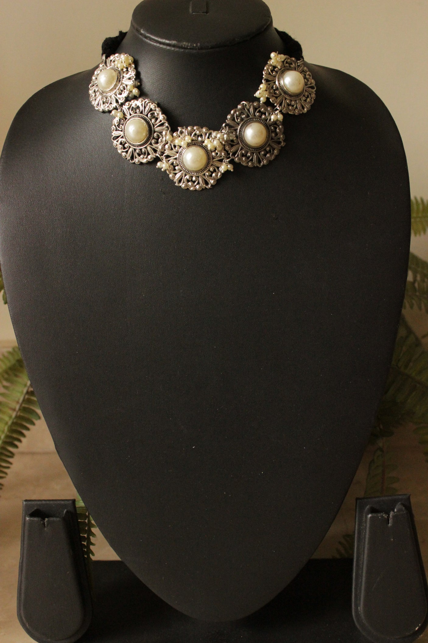 Oxdised Finish Mogra Pearl Choker Necklace Set with Adjustable Thread Closure