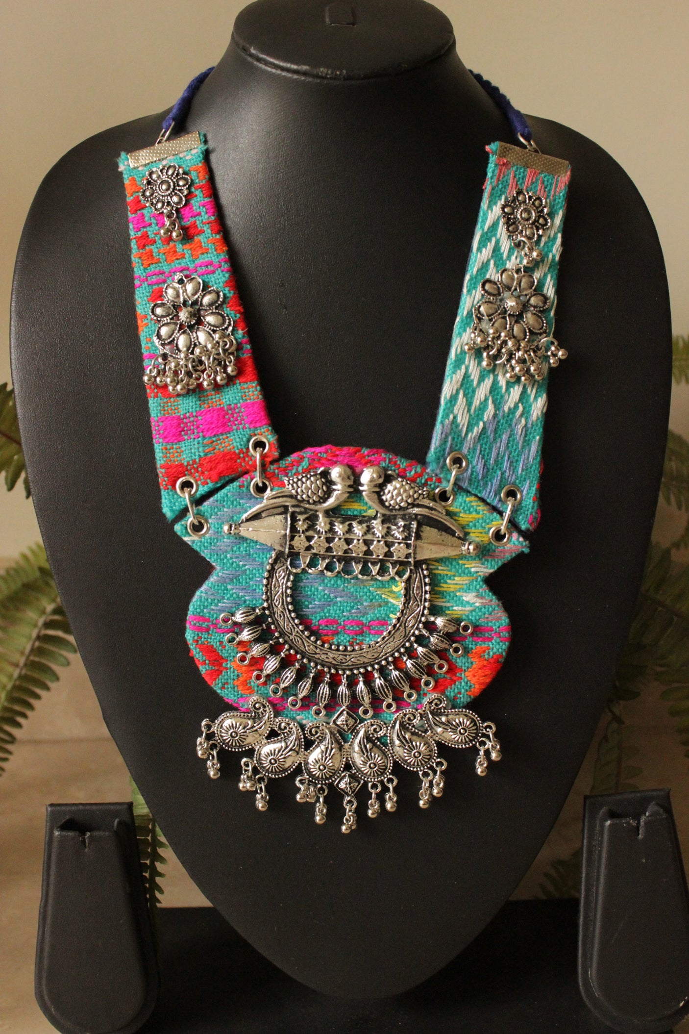 Blue and Multi-Color Hand Embroidered Collar Necklace with Metal Accents