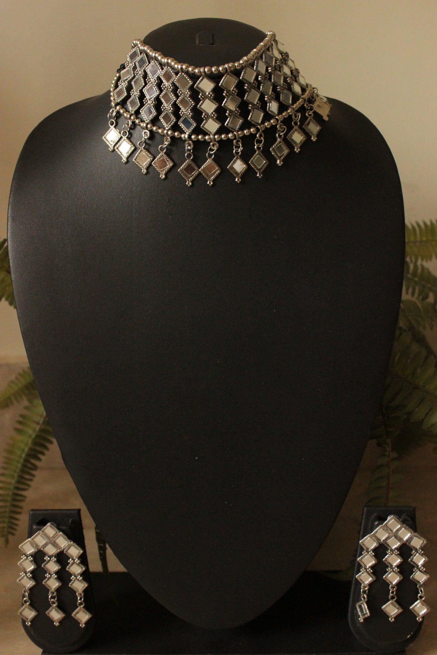 Handmade Square Mirror Work Choker Necklace Set with Adjustable Thread Closure