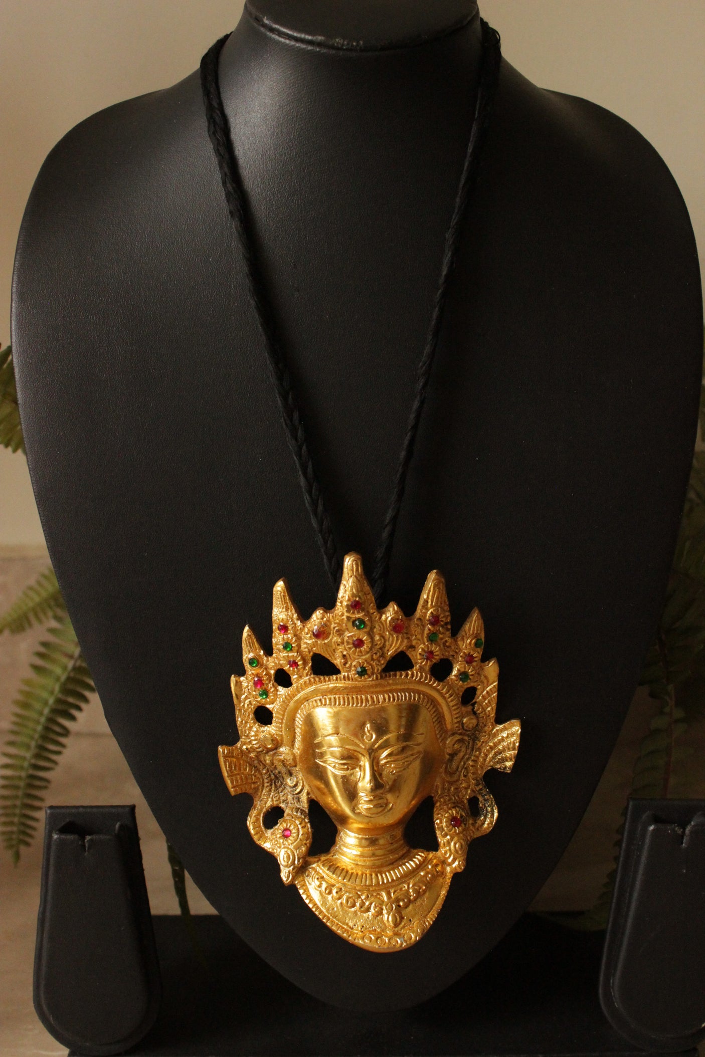 Gold Finish Religious Statement Pendant Adjustable Thread Closure Necklace