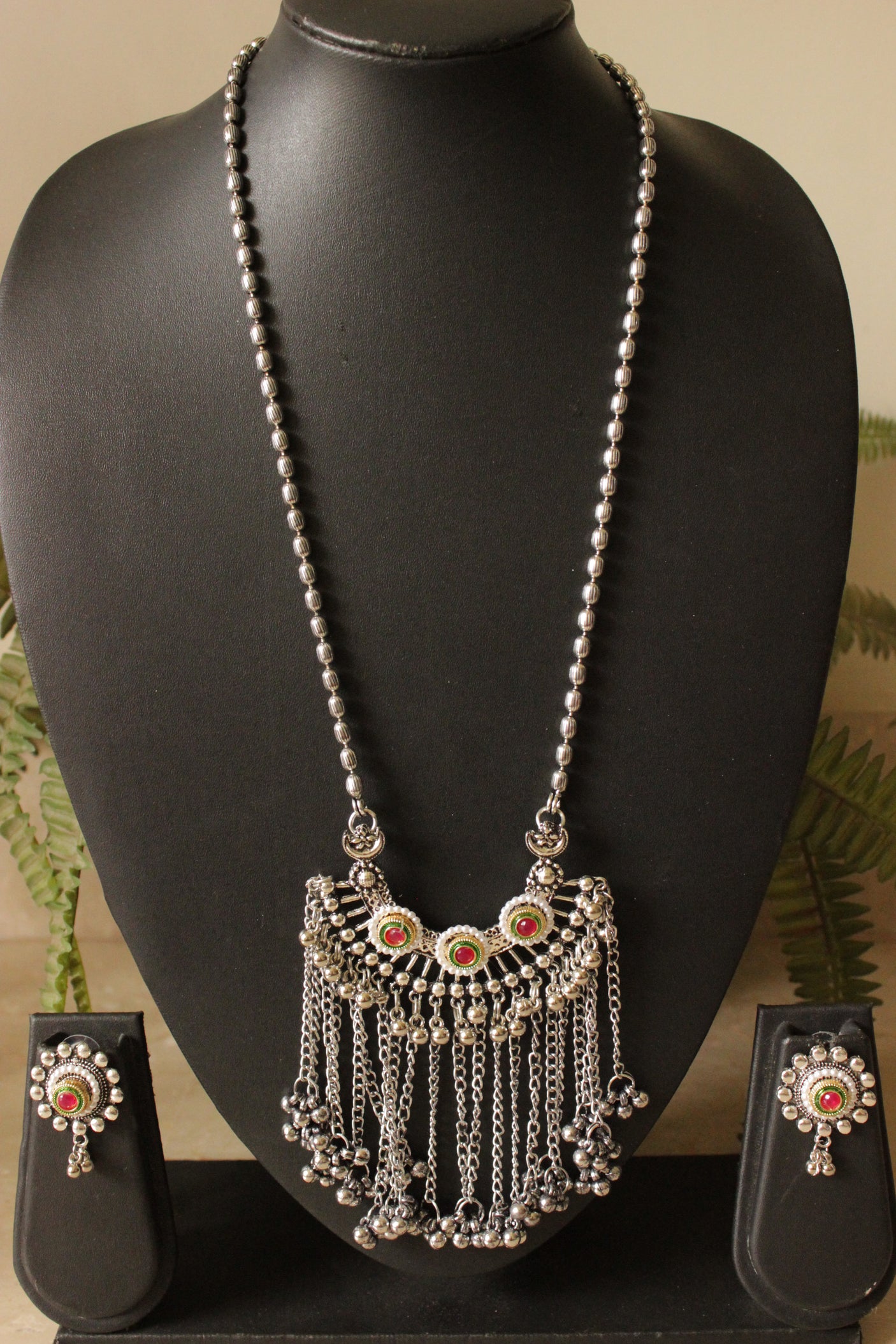 Red and Green Stones & Pearl Oxidised Finish Long Chain Necklace Set